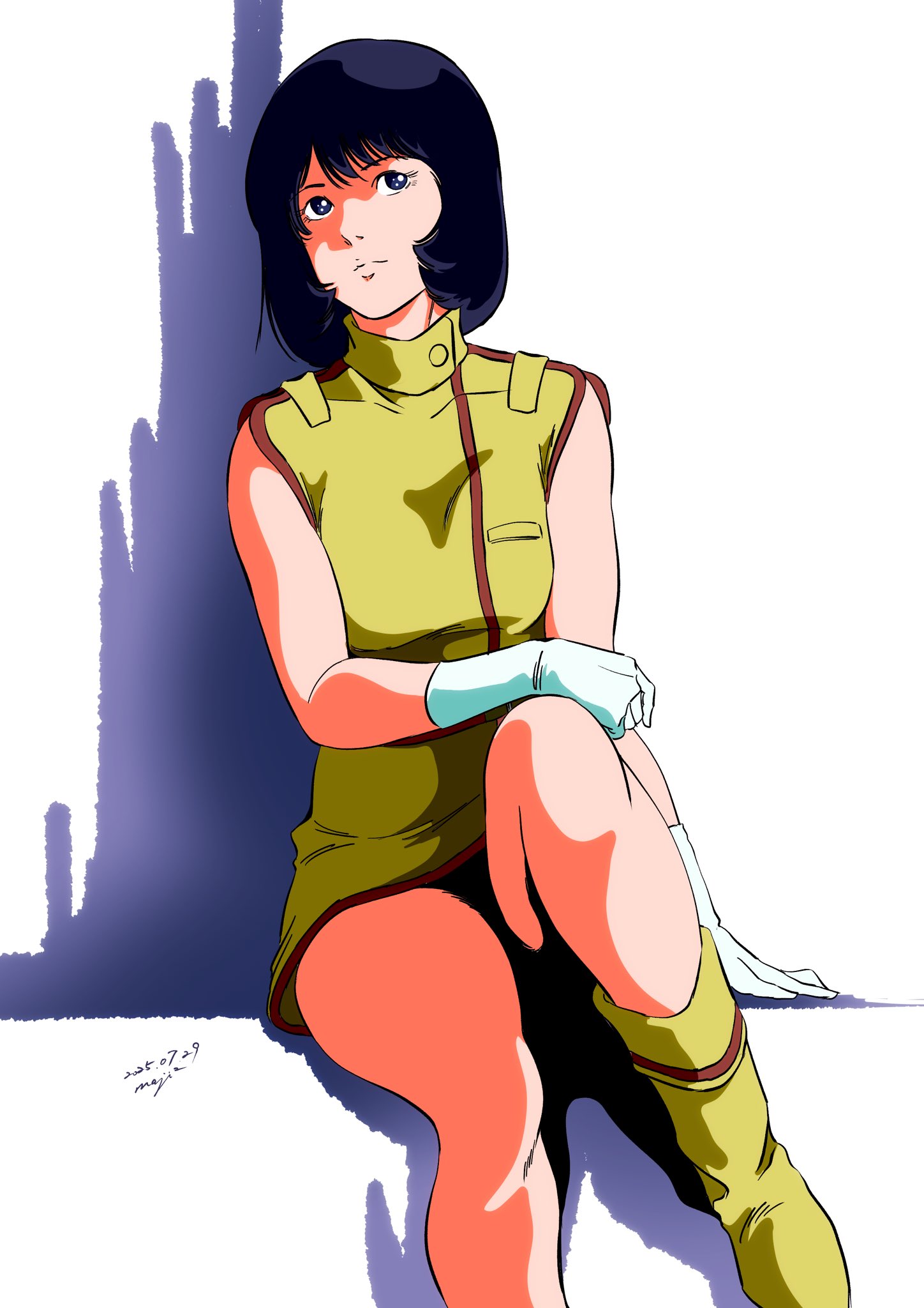 pgmajimaji, fa yuiry, gundam, zeta gundam, highres, 1girl, aeug, belt, black hair, blue eyes, boots, breasts, closed mouth, dress, gloves, military uniform, short hair, sitting, sleeveless, solo, white gloves