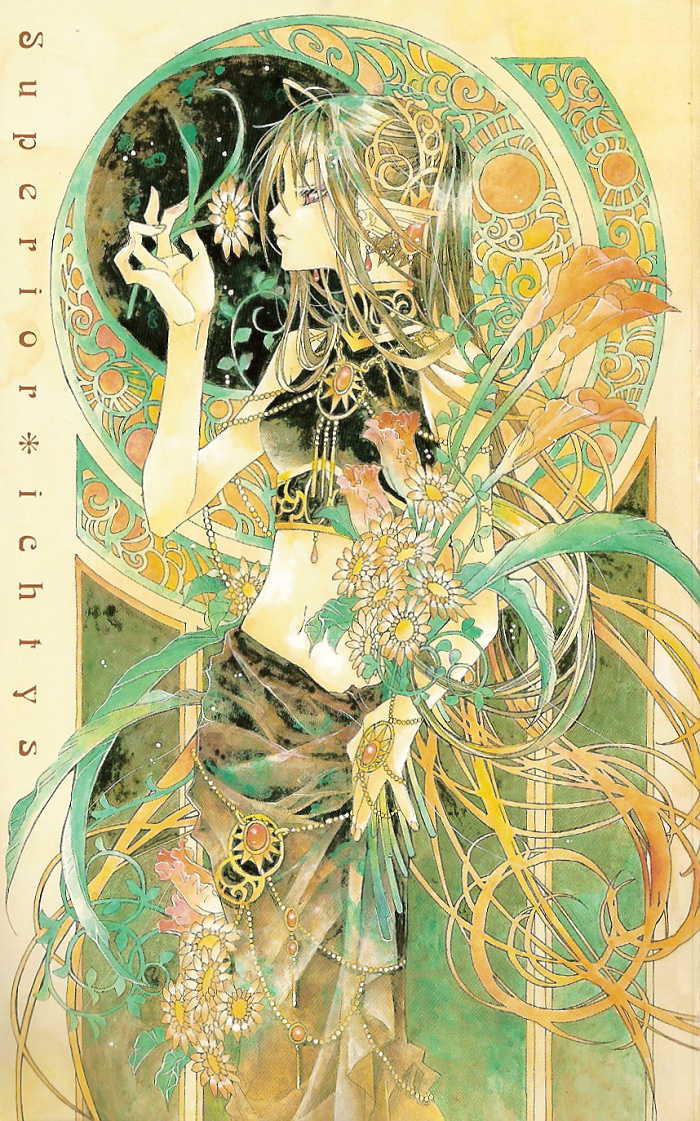 maou, sheila (superior), superior, 1girl, art nouveau, brown hair, crop top, earrings, expressionless, female focus, flower, hair ornament, holding, holding flower, jewelry, long hair, midriff, navel, pointy ears, profile, sleeveless, solo, very long hair