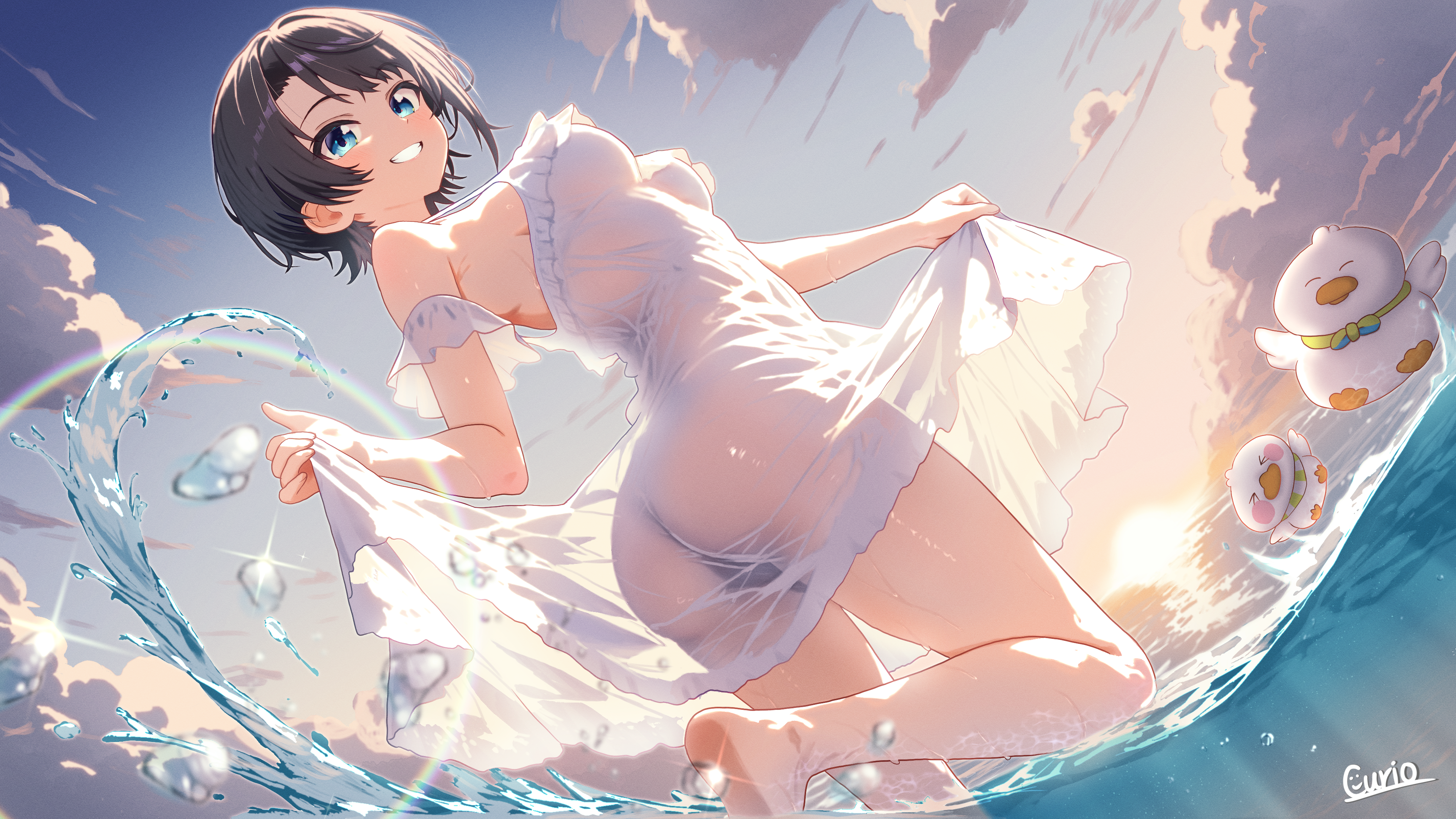 curio (curiofinity), oozora subaru, hololive, absurdres, commentary, commentary request, english commentary, highres, mixed-language commentary, 1girl, ass, barefoot, black hair, blue eyes, breasts, detached sleeves, dress, frilled dress, frills, from above, from below, grin, looking at viewer, medium breasts, outdoors, see-through clothes, see-through dress, short hair, short sleeves, skirt hold, sleeveless, sleeveless dress, smile, standing, standing on one leg, suba tomo (big), suba tomo (small), sunset, teeth, virtual youtuber, wading, water, wet, wet clothes, wet dress, white dress