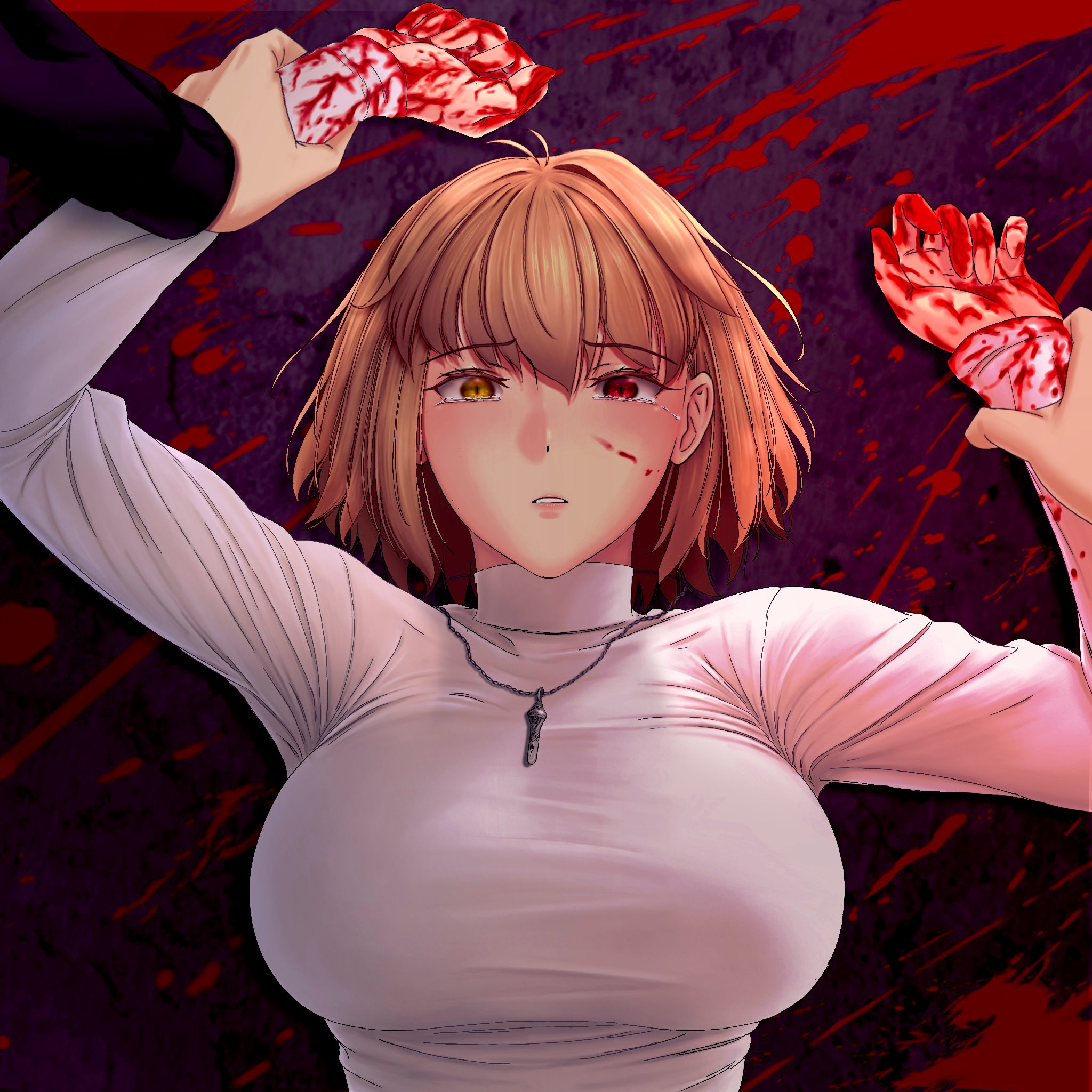 loannes, arcueid brunestud, tohno shiki, tsukihime, tsukihime (remake), highres, 1boy, 1girl, blood, blood on clothes, blood on face, blood on hands, blush, breasts, crying, heterochromia, holding another's arm, huge breasts, jewelry, looking at viewer, mystic eyes of enchantment, necklace, on floor, pinned, red eyes, scene reference, sweater, tears, turtleneck, turtleneck sweater, upper body, white sweater, yellow eyes