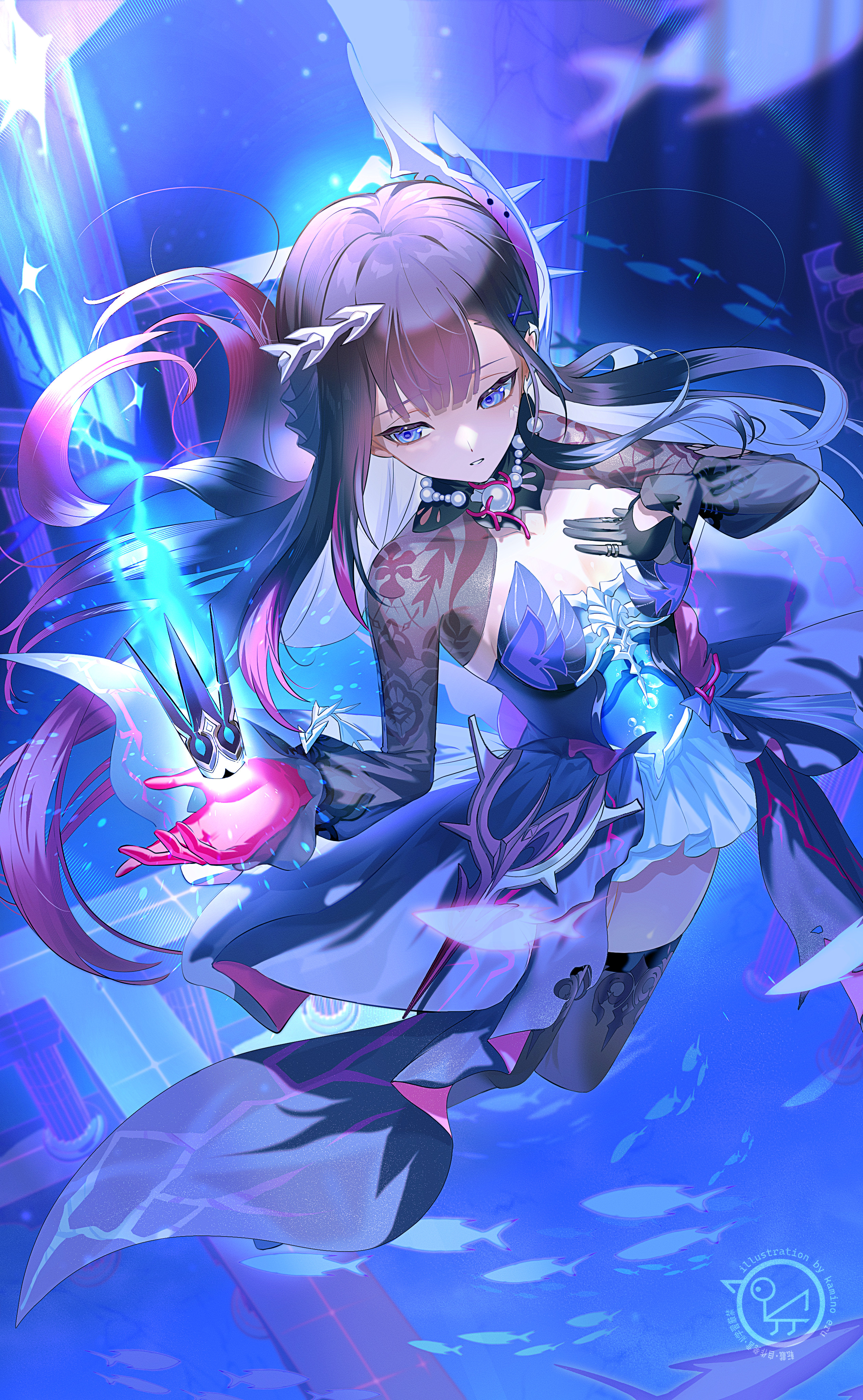 kamino eru, hysilens (honkai: star rail), honkai: star rail, honkai (series), absurdres, commentary request, highres, 1girl, asymmetrical gloves, black gloves, black hair, black thighhighs, blue dress, blue eyes, blue hair, colored inner hair, crown, dress, fish, gloves, hair ornament, hand on own chest, long hair, mismatched gloves, multicolored hair, red gloves, shrug (clothing), solo, thighhighs, thighs, two-tone hair, very long hair, water