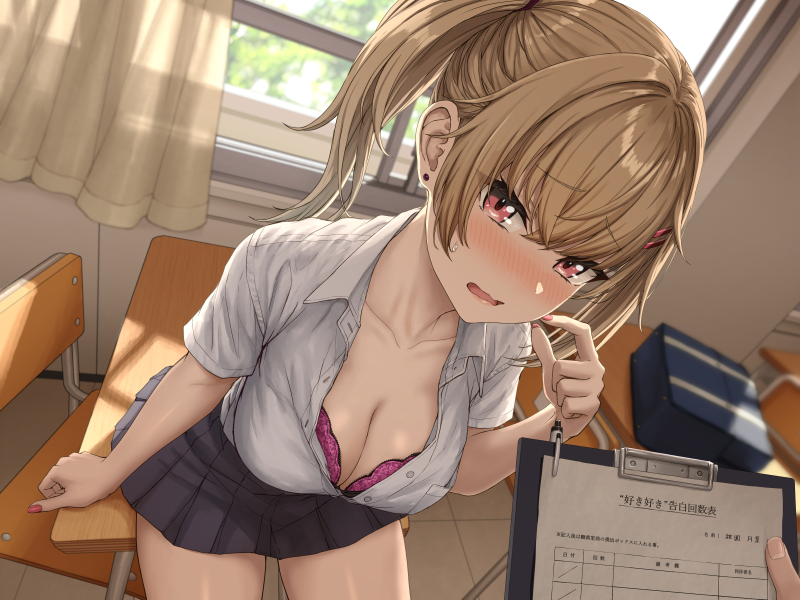 aoi tiduru, original, commentary request, highres, 1girl, bag, black skirt, blush, bra, bra peek, breasts, brown hair, chair, classroom, cleavage, clipboard, collared shirt, day, desk, earrings, hair ornament, hairclip, indoors, jewelry, large breasts, looking at viewer, on table, partially unbuttoned, pen, pink bra, pink nails, pleated skirt, pov, red eyes, school bag, school chair, school desk, school uniform, scratching cheek, shirt, skirt, solo focus, sweatdrop, table, twintails, underwear, white shirt, window