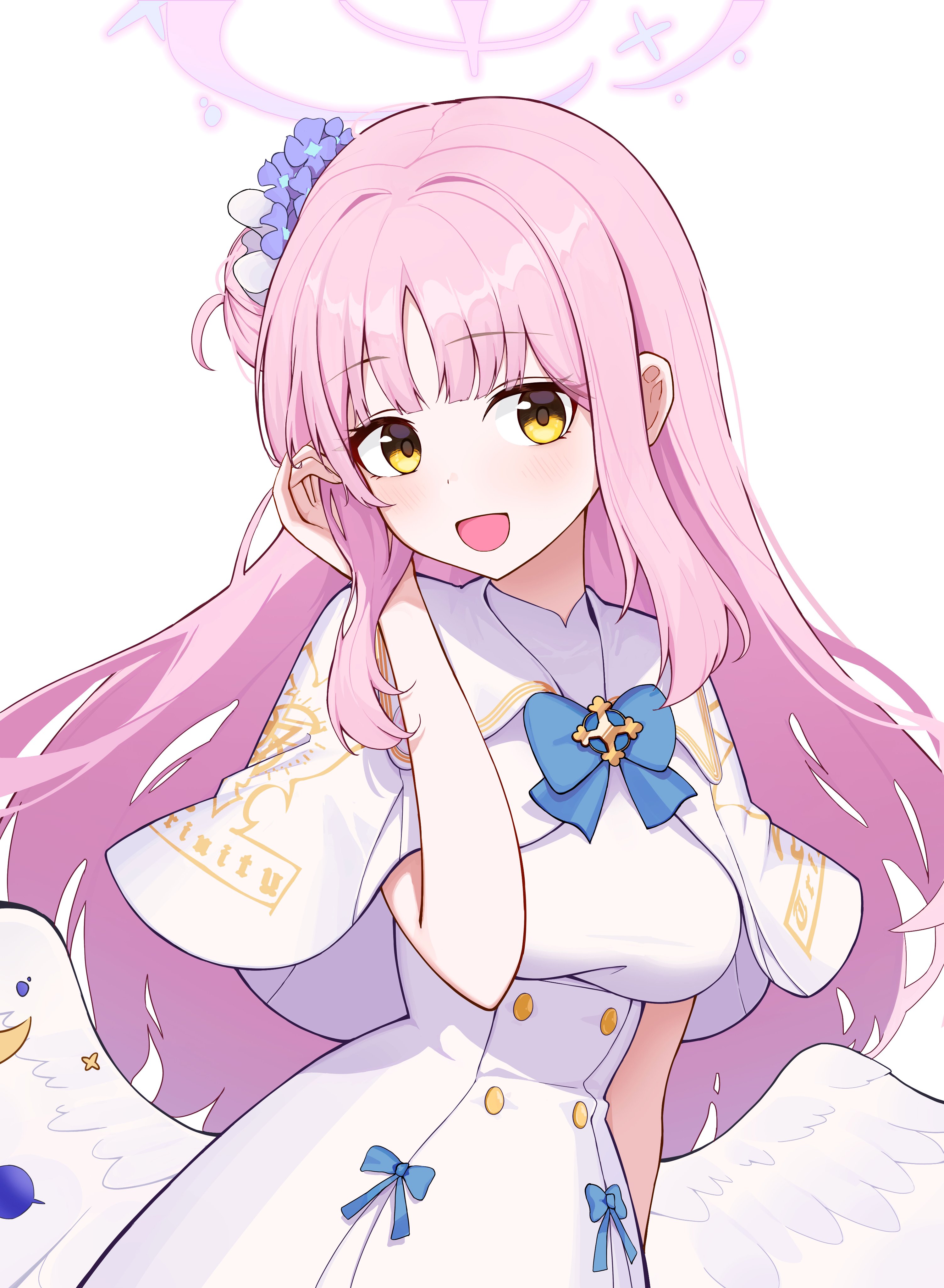 mika (blue archive), blue archive, absurdres, hashtag-only commentary, highres, 1girl, :d, arm at side, blue bow, blue bowtie, blunt bangs, blush, bow, bowtie, breasts, buttons, capelet, cowboy shot, double-breasted, dress, dress bow, dududuing, eyelashes, feathered wings, floating hair, flower, hair bun, hair flower, hair ornament, halo, hand up, happy, large breasts, long hair, looking at viewer, low wings, open mouth, pink hair, pink halo, purple flower, sidelocks, simple background, single side bun, smile, solo, straight hair, very long hair, white background, white capelet, white dress, white wings, wings, yellow eyes