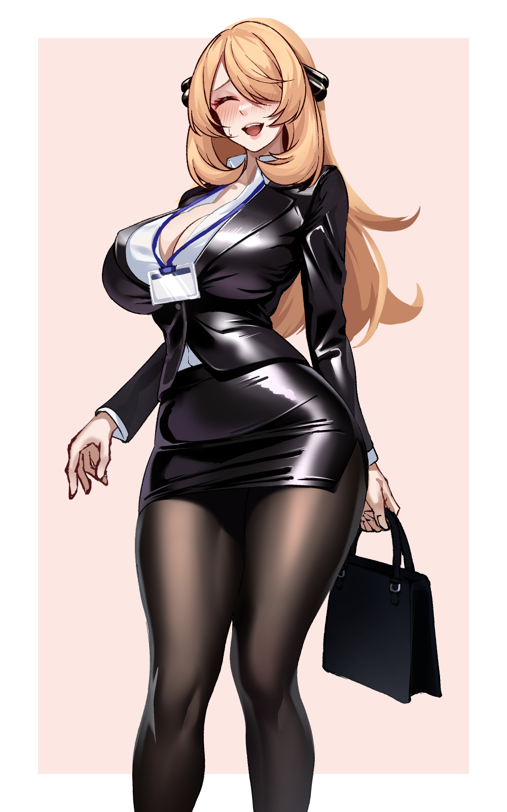volyz, cynthia (pokemon), nintendo, pokemon, highres, 1girl, alternate costume, bag, black jacket, black pantyhose, black skirt, blonde hair, blush, border, breasts, brown background, cleavage, closed eyes, curvy, feet out of frame, hair ornament, hair over one eye, handbag, jacket, large breasts, long hair, office lady, open mouth, pantyhose, pencil skirt, shiny clothes, shirt, simple background, skirt, smile, solo, white border, white shirt