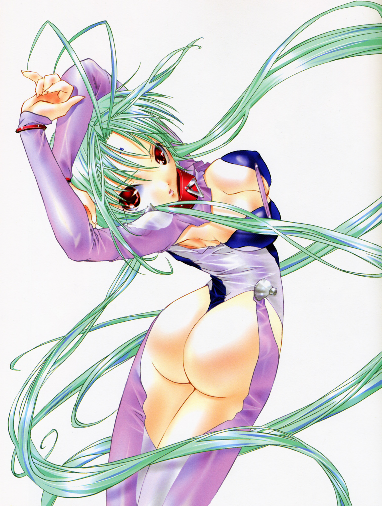 ren (dears), dears, highres, 00s, 1girl, antenna hair, armpits, ass, breasts, cleavage, collar, facial mark, female focus, forehead mark, green hair, large breasts, long hair, looking back, red eyes, solo, very long hair, wide hips