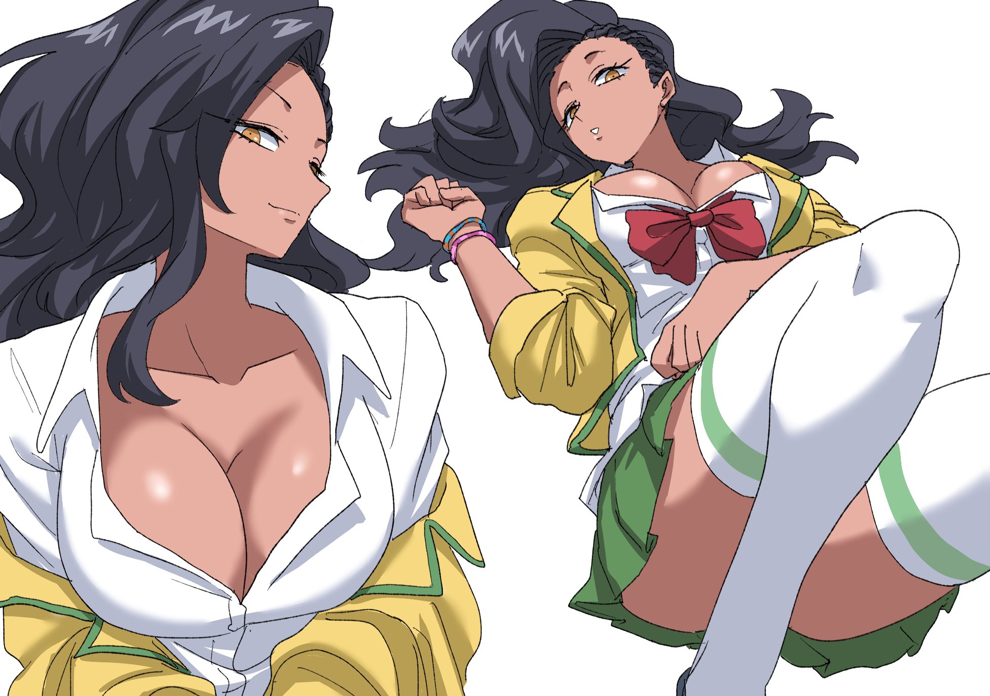 nasu (ilo a5), laura matsuda, street fighter, street fighter v, highres, 1girl, asymmetrical hair, black hair, bow, bowtie, breasts, brown eyes, cleavage, collarbone, collared shirt, cornrows, dark-skinned female, dark skin, green skirt, jacket, large breasts, long hair, looking at viewer, lying, open clothes, open jacket, parted lips, red bow, red bowtie, shirt, skirt, smile, thighhighs, thighs, wavy hair, white shirt, white thighhighs, wristband, yellow jacket
