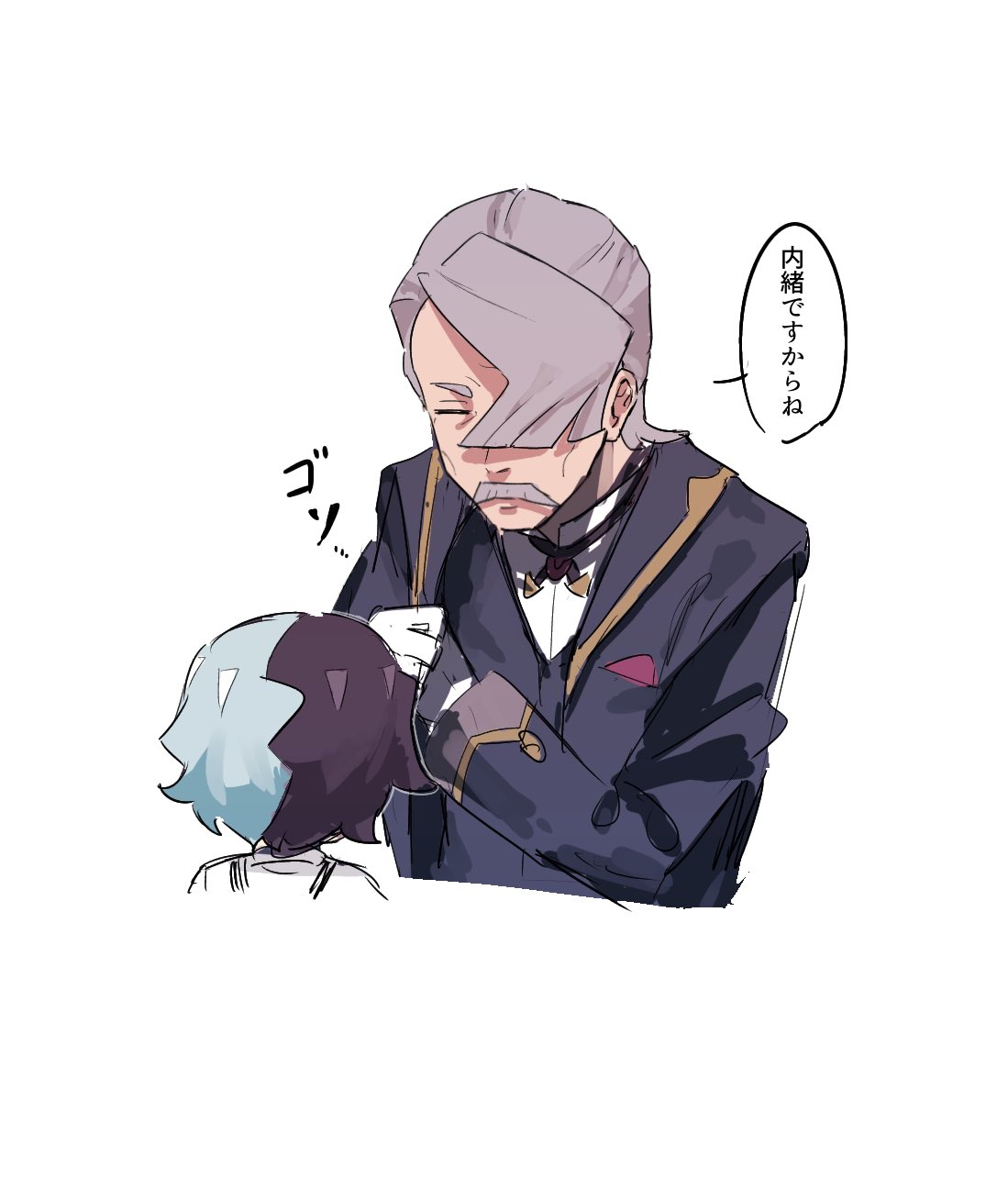 copituji, amethio (pokemon), hamber (pokemon), nintendo, pokemon, pokemon (anime), pokemon horizons, commentary request, highres, translation request, 2boys, aged down, black jacket, closed eyes, closed mouth, facial hair, gloves, grey hair, hair over one eye, jacket, long sleeves, male focus, multiple boys, mustache, shirt, simple background, speech bubble, white background, white shirt