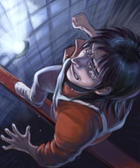 itou kaiji, kaiji, spoilers, 1boy, balancing, black hair, brown eyes, clenched teeth, foreshortening, from behind, hole, long sleeves, male focus, overalls, scared, shoes, sneakers, solo, suspenders, sweater, teeth, walking