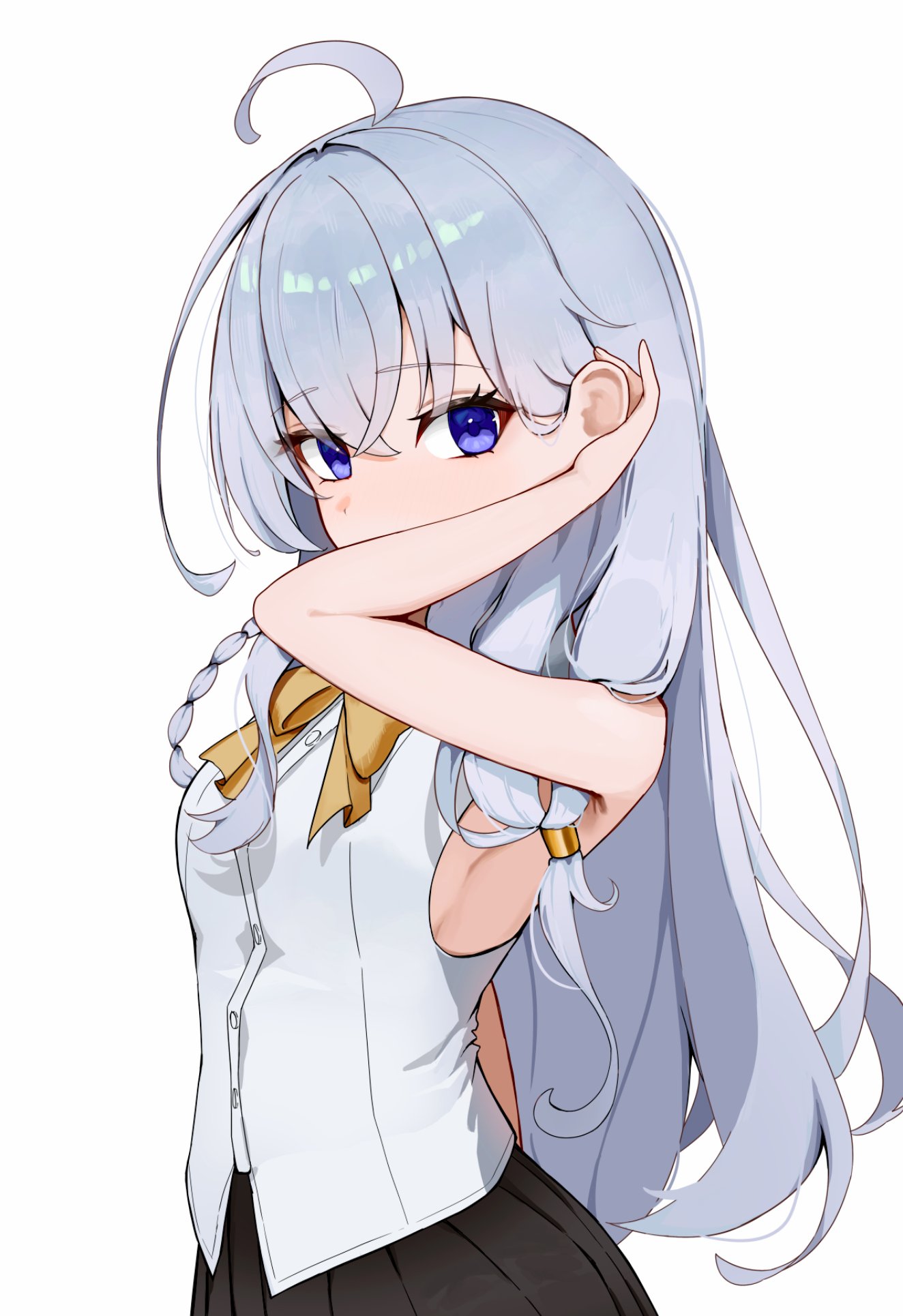 elaina (majo no tabitabi), majo no tabitabi, hashtag-only commentary, highres, 1girl, adjusting hair, ahoge, black skirt, blue eyes, bow, bowtie, braid, buttons, covered mouth, cowboy shot, crossed bangs, dududuing, eyelashes, eyes visible through hair, grey hair, hair behind ear, hair between eyes, hand up, long hair, looking at viewer, low-tied long hair, pleated skirt, shirt, simple background, single braid, skirt, sleeveless, sleeveless shirt, solo, very long hair, white background, white shirt, yellow bow, yellow bowtie