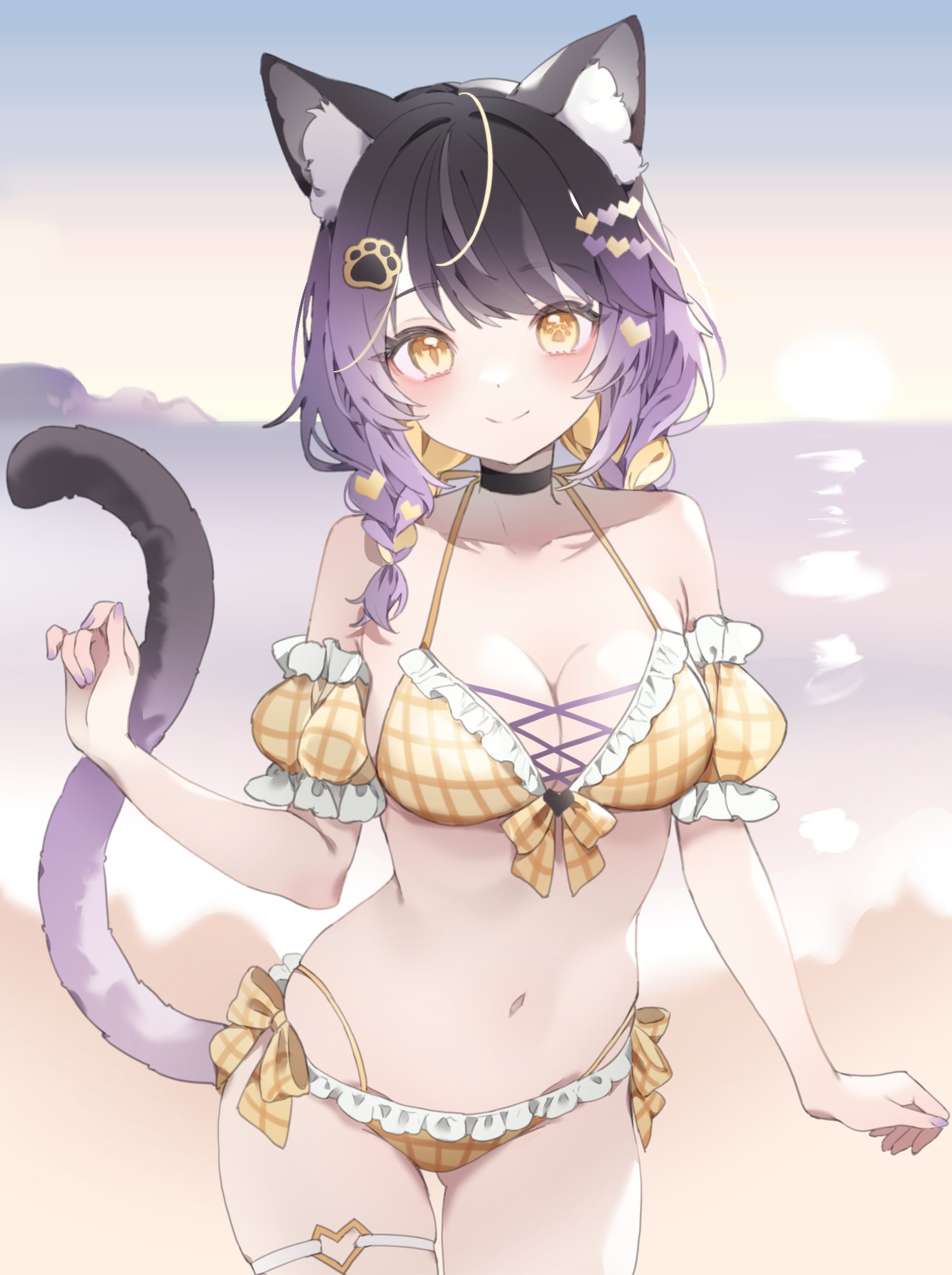 re re merry, original, commentary, commission, highres, 1girl, animal ear fluff, animal ears, beach, bikini, blush, breasts, cat ears, cat girl, cat tail, cleavage, closed mouth, collarbone, cowboy shot, frilled bikini, frills, hair ornament, halterneck, hand up, long hair, looking at viewer, medium breasts, navel, outdoors, purple hair, smile, solo, swimsuit, tail, yellow eyes