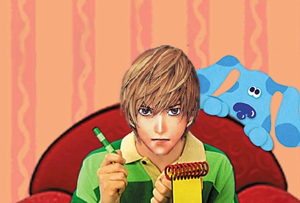 blue (blue's clues), steve (blue's clues), yagami light, blue's clues, death note, real life, lowres, third-party edit, 1boy, blue theme, couch, crayon, crossover, dog, male focus, notebook, parody, red upholstery, shirt, solo, striped clothes, striped shirt, upper body