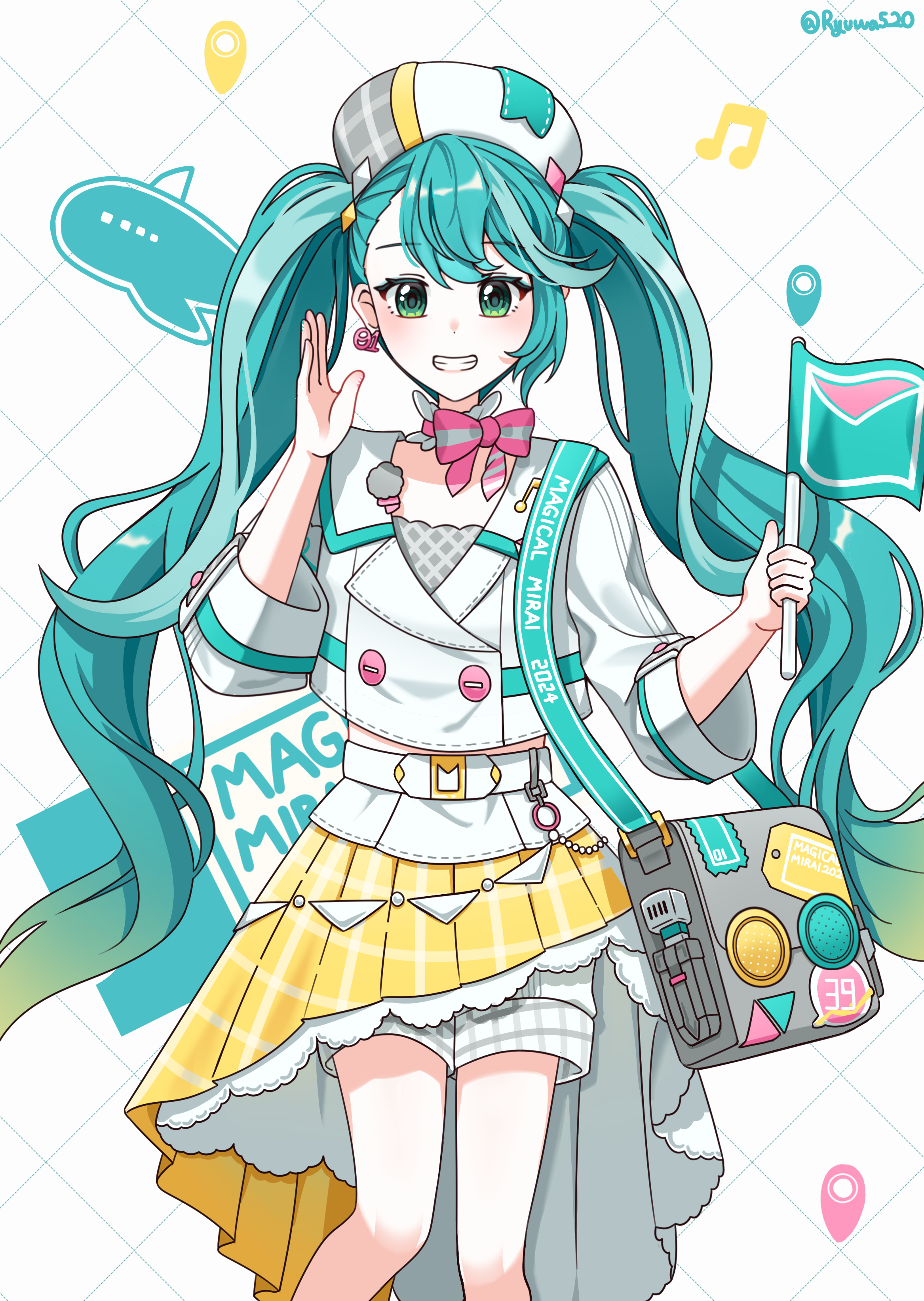 anastry 00, hatsune miku, magical mirai miku, magical mirai miku (2024), magical mirai (vocaloid), vocaloid, absurdres, highres, 1girl, bag, belt, beret, blonde hair, cropped jacket, earrings, flag, gradient hair, hat, holding, holding flag, jacket, jewelry, long hair, long sleeves, looking at viewer, midriff, midriff peek, multicolored hair, musical note ornament, number earrings, official alternate costume, official alternate hairstyle, open mouth, pleated skirt, shorts, shorts under skirt, shoulder bag, single earring, skirt, smile, solo, teeth, twintails, very long hair, white belt, white hat, white jacket, white shorts, yellow skirt
