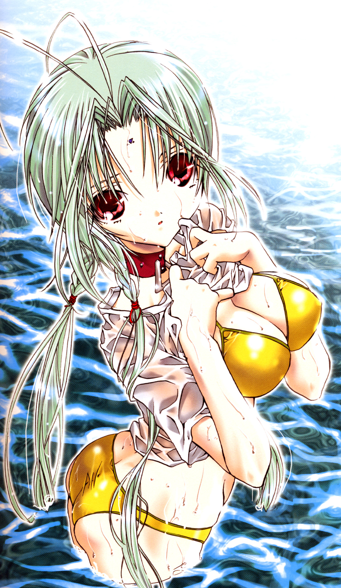 len (tsukihime), ren (dears), dears, highres, 00s, bikini, collar, green hair, red eyes, solo, swimsuit, water, wet, yellow bikini