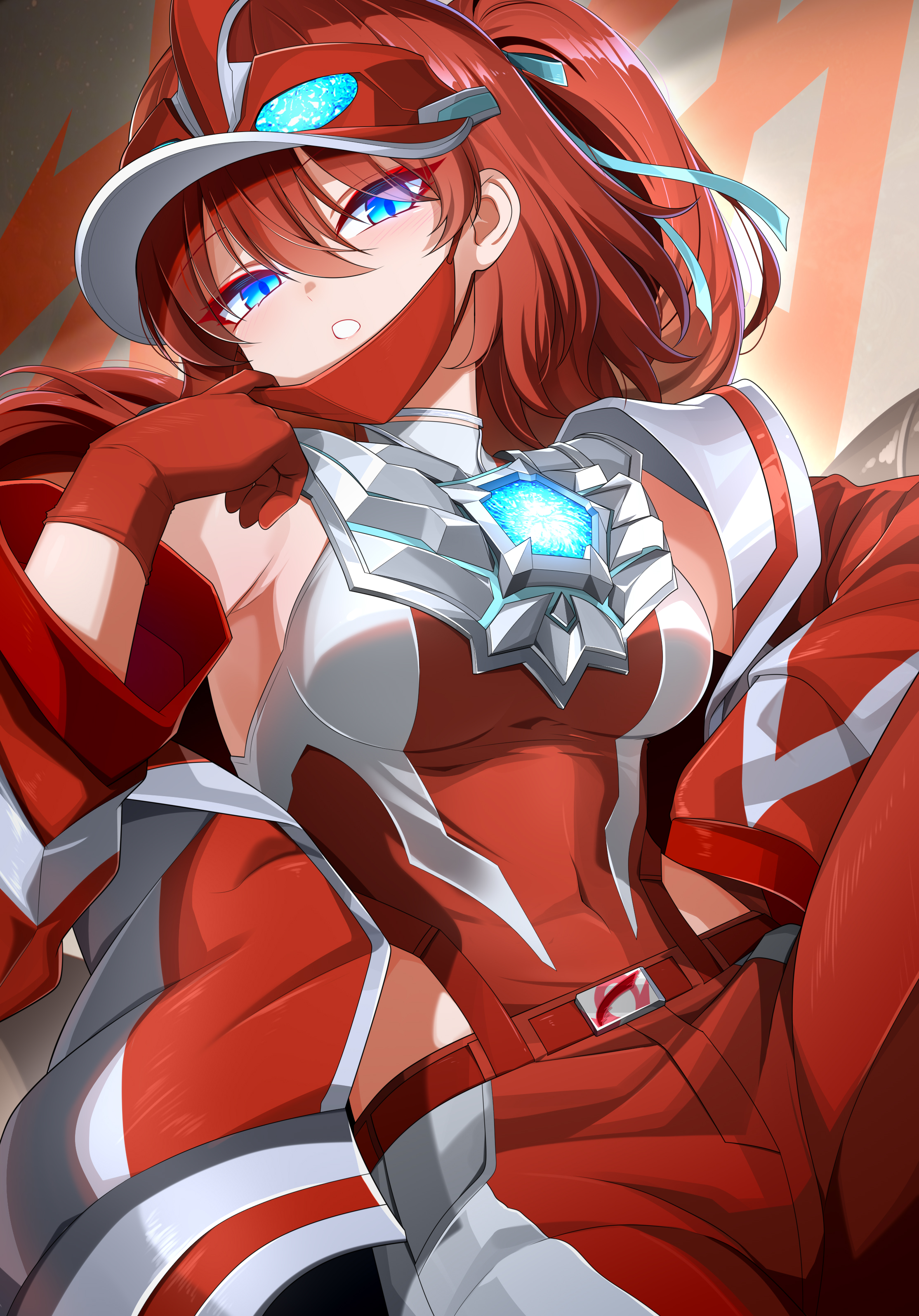 ginga no kou, ultraman omega, ultra series, ultraman omega (series), absurdres, commentary, highres, 1girl, :o, armor, armpits, bare shoulders, belt, belt buckle, blue eyes, blue ribbon, blush, breastplate, breasts, buckle, color timer, covered navel, cowboy shot, eyelashes, eyeshadow, genderswap, genderswap (mtf), gloves, hair between eyes, hair ornament, hair ribbon, hand on own hip, hand up, hat, humanization, jacket, large breasts, leg up, leotard, leotard under clothes, long hair, long sleeves, looking at viewer, makeup, mask, mask pull, mouth mask, multicolored jacket, multicolored leotard, off shoulder, omega symbol, pants, parted lips, ponytail, red belt, red eyeshadow, red gloves, red hair, red hat, red jacket, red leotard, red mask, red pants, ribbon, silver leotard, silver trim, solo, tokusatsu, two-tone jacket, two-tone leotard, two-tone pants, visor cap, yellow background