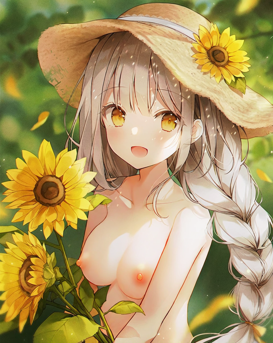 nude filter, third-party edit, 1girl, :d, blurry, blurry background, blush, braid, breasts, brown hair, brown hat, collarbone, completely nude, day, depth of field, flower, hair ribbon, hat, hat flower, hat ornament, holding, holding flower, large breasts, long hair, looking at viewer, nipples, nude, open mouth, outdoors, ribbon, smile, solo, straw hat, sunflower, sunflower petals, sunlight, twin braids, upper body, yellow eyes, yellow flower, yellow ribbon