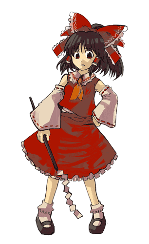 tako (plastic protein), hakurei reimu, imperishable night, touhou, lowres, 1girl, detached sleeves, female focus, full body, gohei, japanese clothes, mary janes, miko, shoes, simple background, skirt, solo, white background