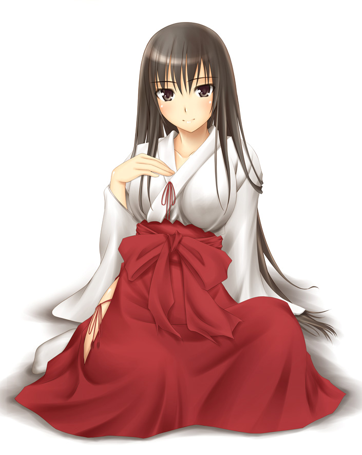 ribucci, original, 1girl, brown hair, female focus, hakama, hakama skirt, japanese clothes, miko, red hakama, skirt, smile, solo