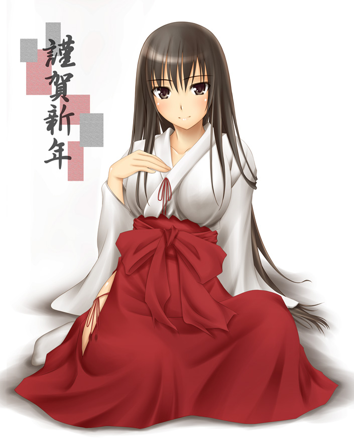 ribucci, original, 1girl, black panties, bow, breasts, brown eyes, brown hair, clothing cutout, female focus, hakama, hakama skirt, hip vent, japanese clothes, kimono, large breasts, long hair, long sleeves, looking at viewer, miko, panties, red bow, red hakama, red skirt, skirt, solo, underwear, very long hair