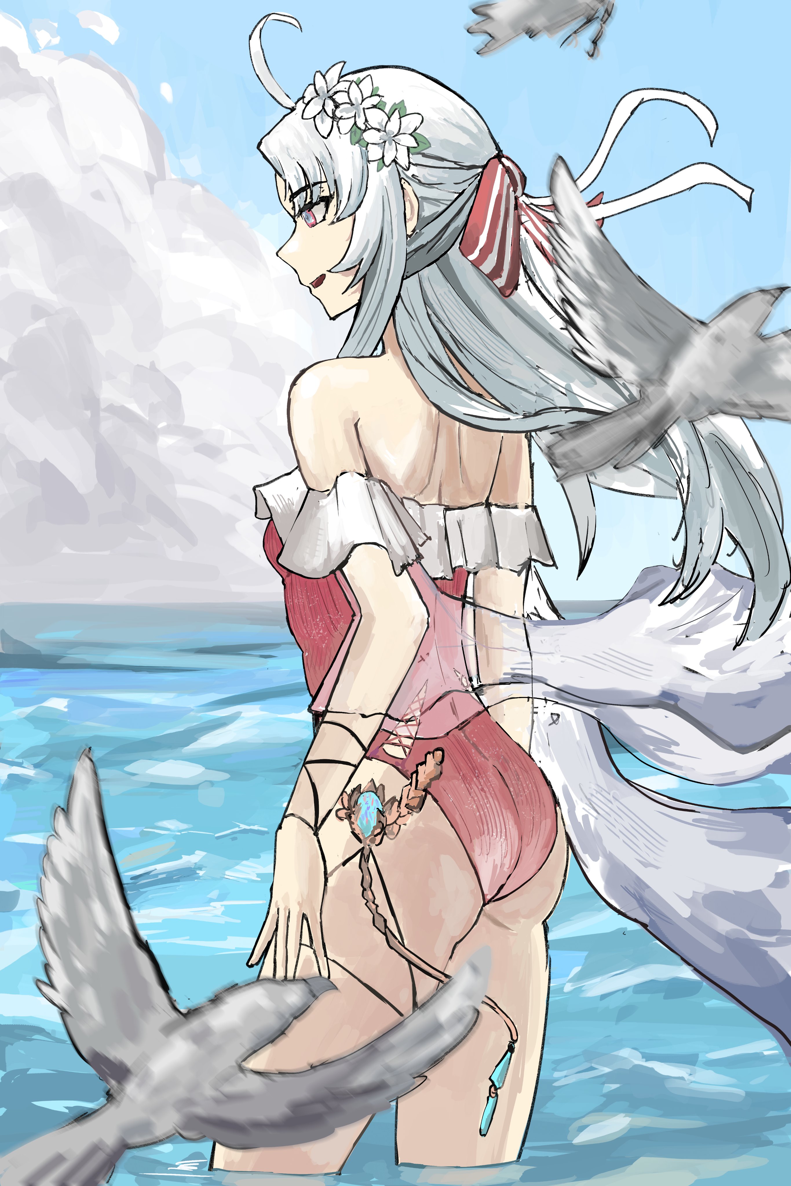 carlotta (splashing summer) (wuthering waves), carlotta (wuthering waves), wuthering waves, absurdres, commentary, english commentary, highres, 1girl, ahoge, ass, bare shoulders, bird, blue sky, bow, casual one-piece swimsuit, day, frilled one-piece swimsuit, frills, hair bow, long hair, mizutamarii, ocean, off-shoulder one-piece swimsuit, off shoulder, official alternate costume, one-piece swimsuit, outdoors, pink bow, pink one-piece swimsuit, shoulder blades, sky, solo, striped bow, swimsuit, thighs, wading, white hair