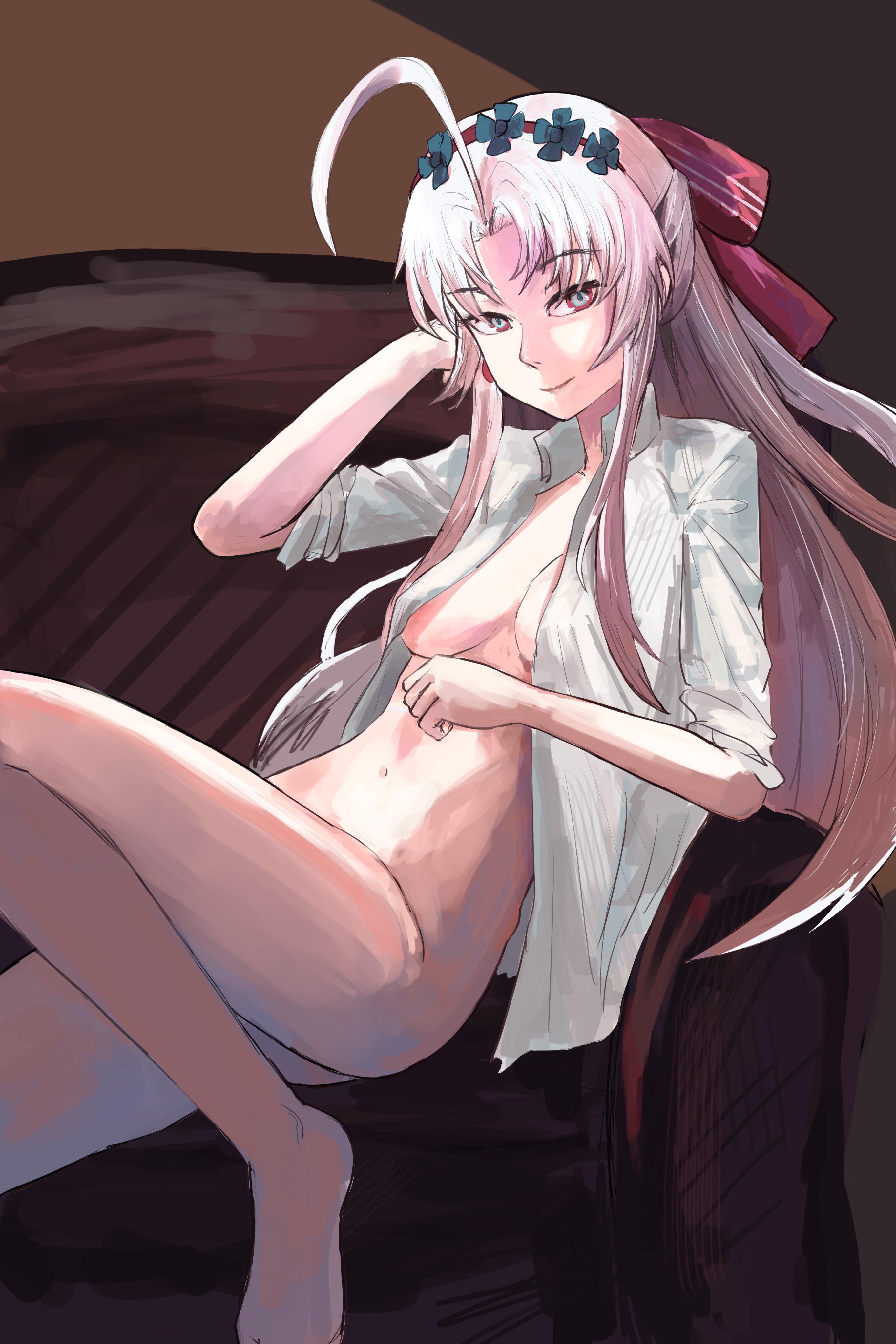 carlotta (wuthering waves), wuthering waves, absurdres, commentary, english commentary, highres, 1girl, ahoge, aqua eyes, barefoot, bow, breasts, closed mouth, collared shirt, earrings, hair bow, hairband, hand up, jewelry, long hair, looking at viewer, medium breasts, mizutamarii, naked shirt, navel, open clothes, open shirt, parted bangs, pink bow, pink hairband, shirt, smile, solo, stomach, striped bow, thighs, white hair