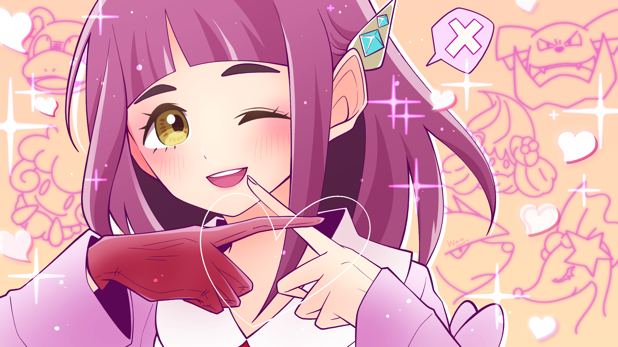 wagu neru, lacey (pokemon), nintendo, pokemon, pokemon sv, commentary request, highres, 1girl, ;d, arched bangs, collared shirt, crossed fingers, eyelashes, gloves, happy, heart, looking at viewer, one eye closed, open mouth, orange background, purple hair, red gloves, shirt, single glove, smile, solo, sparkle, spoken x, teeth, upper body, upper teeth only, white shirt, yellow eyes