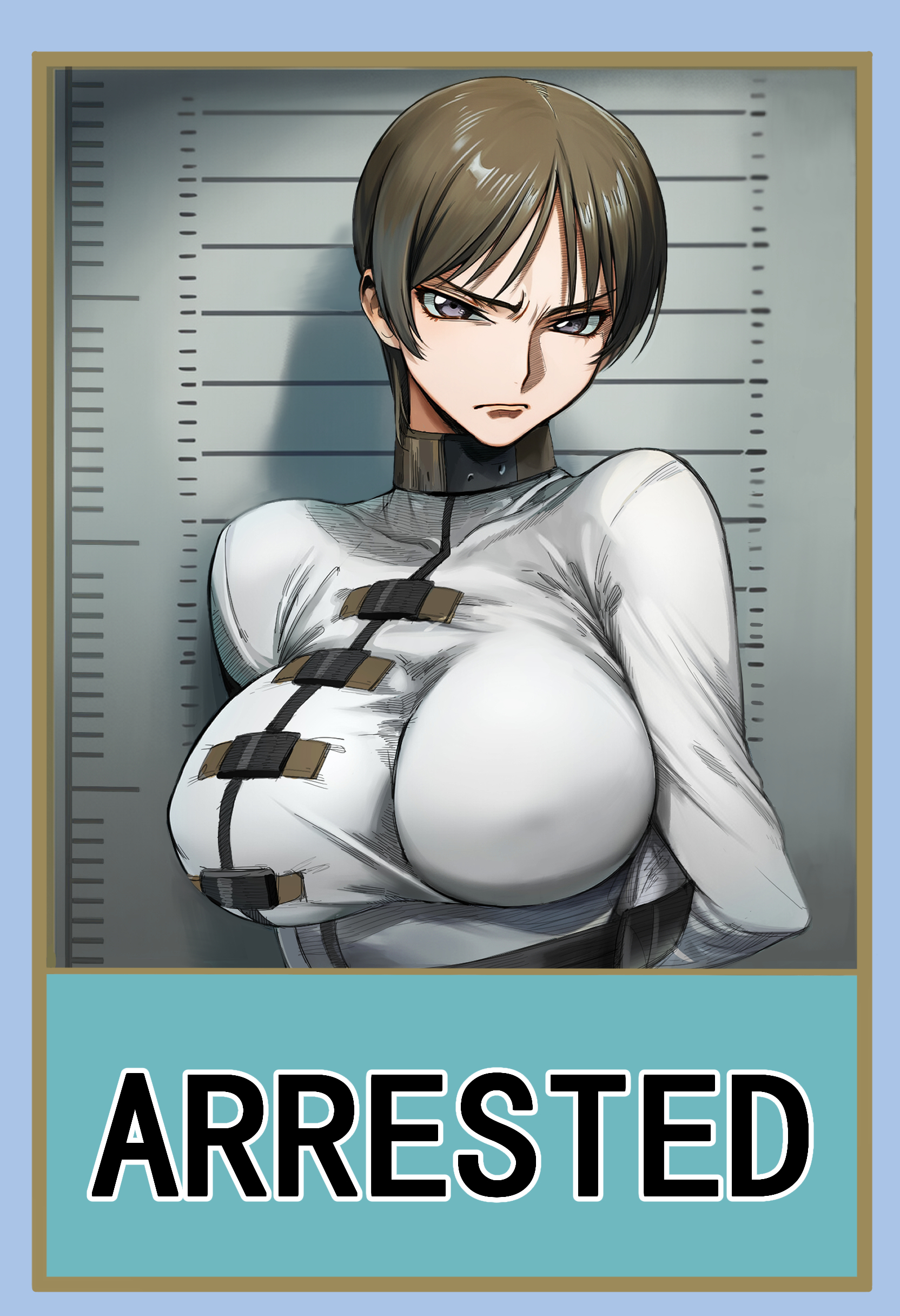 code:074, chiba nagisa, code geass, absurdres, highres, 1girl, breasts, brown hair, frown, grey eyes, large breasts, looking at viewer, mugshot, restrained, scowl, short hair, solo, straitjacket, upper body