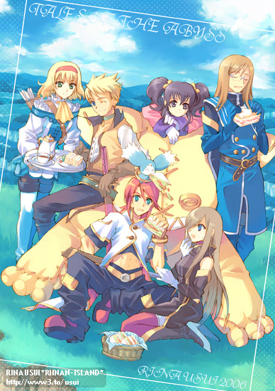 usui rina, anise tatlin, guy cecil, jade curtiss, luke fon fabre, mieu (tales), natalia luzu kimlasca lanvaldear, tear grants, tokunaga (tales), tales of (series), tales of the abyss, 00s, 3boys, 3girls, ascot, copyright name, everyone, food, multiple boys, multiple girls, yellow ascot