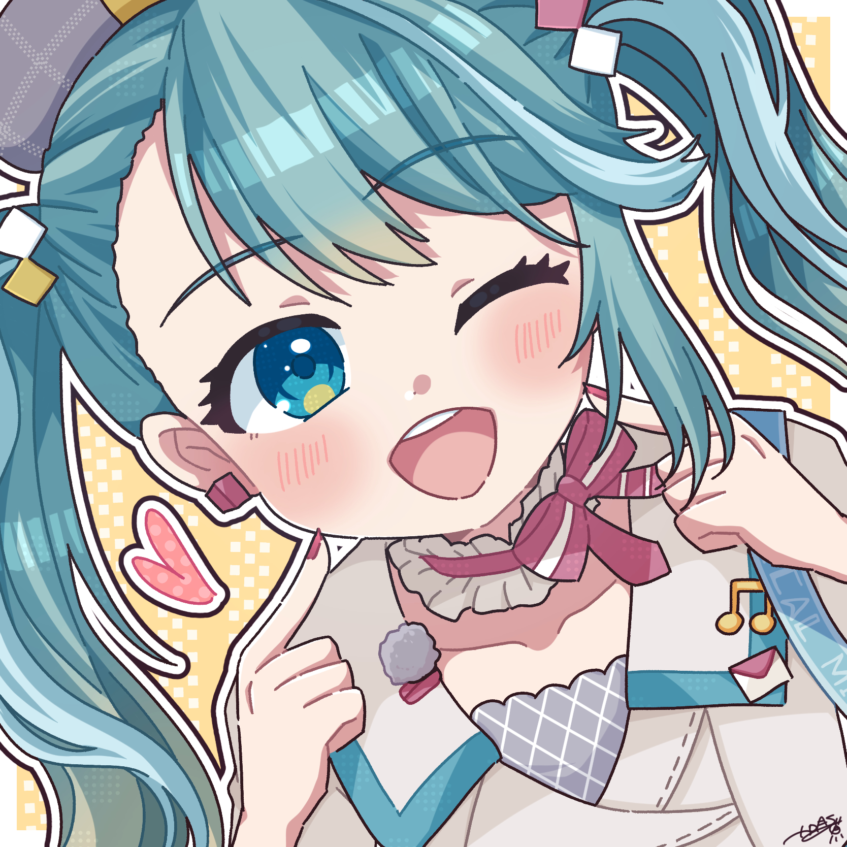 katsuki neko, hatsune miku, magical mirai miku, magical mirai miku (2024), magical mirai (vocaloid), vocaloid, highres, 1girl, aqua eyes, aqua hair, blush, bow, collarbone, cropped jacket, earrings, fingers to cheeks, gradient hair, halo, jacket, jewelry, long hair, looking at viewer, multicolored hair, musical note ornament, number earrings, official alternate costume, official alternate hairstyle, one eye closed, open mouth, pink bow, pink nails, single earring, smile, solo, twintails, upper body, white jacket