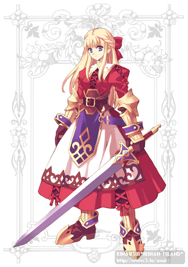 usui rina, 1girl, armor, blonde hair, blue eyes, female focus, long hair, solo, sword, weapon