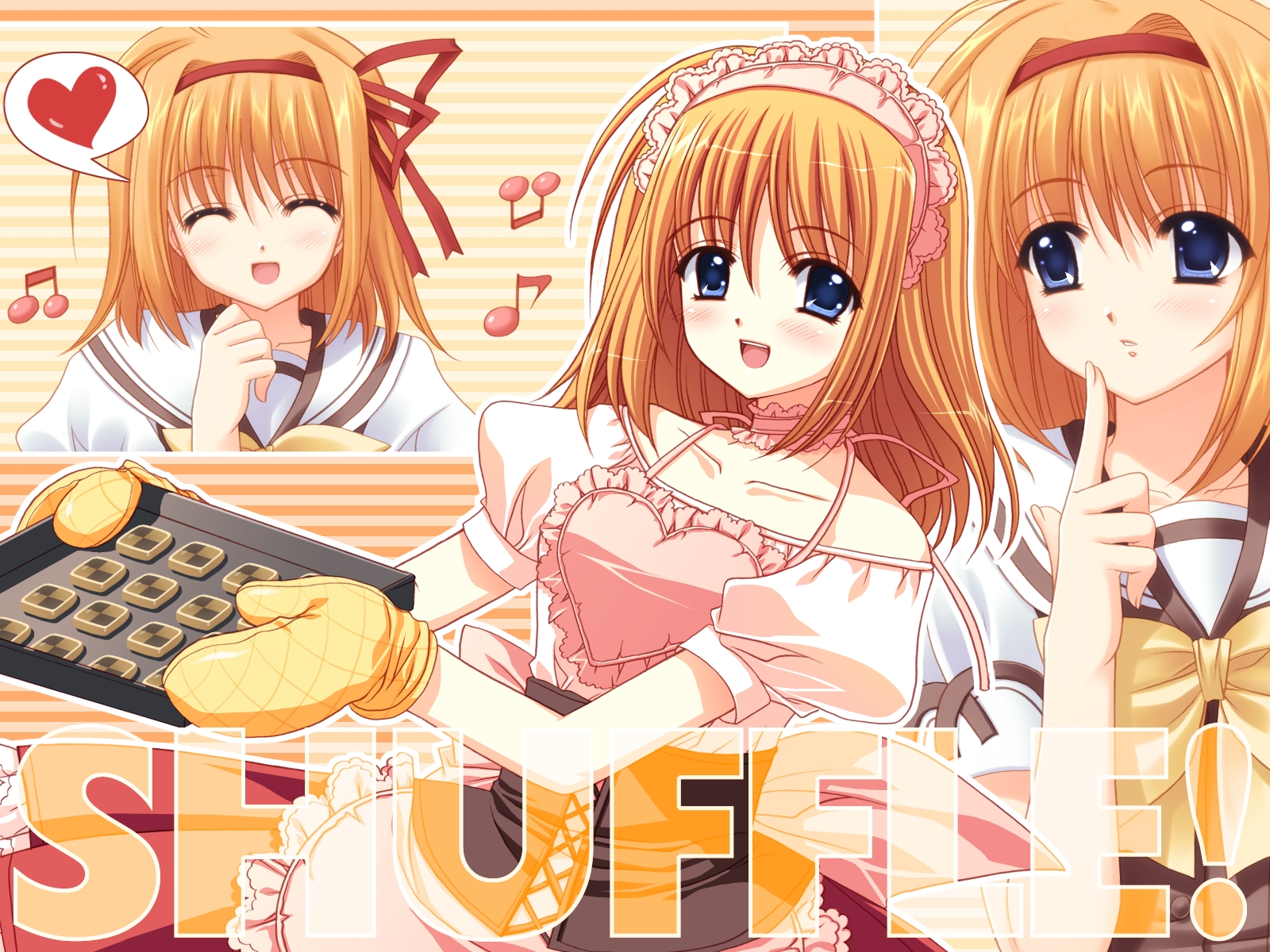 nishimata aoi, fuyou kaede, shuffle!, highres, official art, official wallpaper, 00s, 1girl, ^ ^, ahoge, apron, baking sheet, bare shoulders, blue eyes, blush, bow, buttons, choker, closed eyes, collarbone, cookie, copyright name, corset, cross-laced clothes, finger to mouth, food, from side, hair between eyes, hair intakes, hair ribbon, hairband, hand up, happy, heart, heart apron, holding, holding tray, index finger raised, lace, lace-trimmed apron, lace trim, looking at viewer, looking to the side, maid headdress, mittens, multiple views, musical note, off shoulder, orange hair, outline, outstretched arm, parted lips, petticoat, pink apron, pink bow, pleated skirt, puffy short sleeves, puffy sleeves, quaver, red ribbon, red skirt, ribbon, school uniform, serafuku, short sleeves, skirt, sleeve cuffs, speech bubble, spoken heart, striped background, transparent, tray, upper body, vest, yellow bow