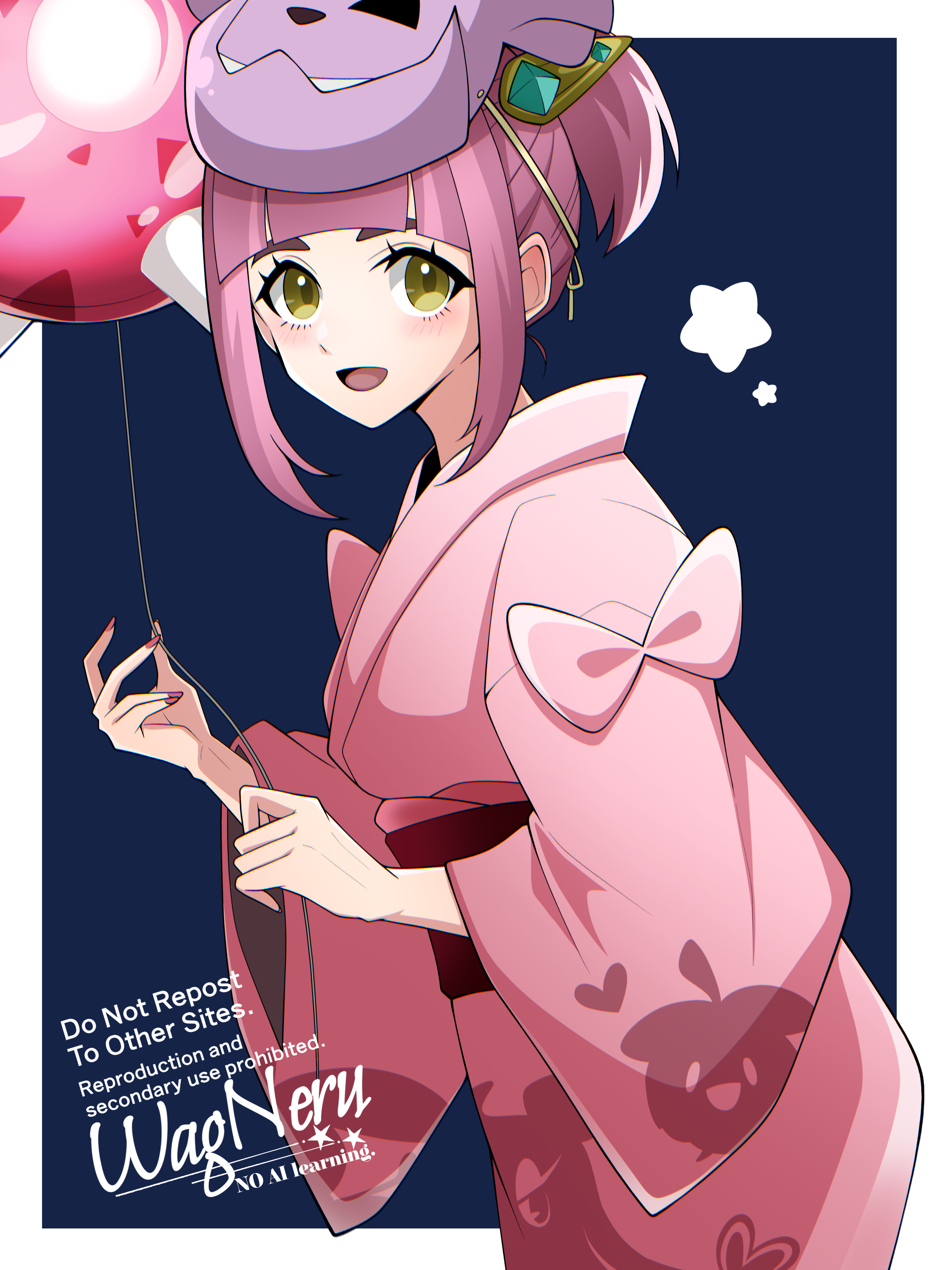 wagu neru, granbull, lacey (pokemon), minior, nintendo, pokemon, pokemon sv, absurdres, commentary request, highres, 1girl, :d, arched bangs, balloon, border, character mask, eyelashes, from side, gen 2 pokemon, gen 7 pokemon, hair ornament, holding, japanese clothes, kimono, looking to the side, mask, mask on head, open mouth, outside border, pink kimono, print kimono, purple hair, red sash, sash, smile, solo, star (symbol), tongue, watermark, white border, yellow eyes, yukata