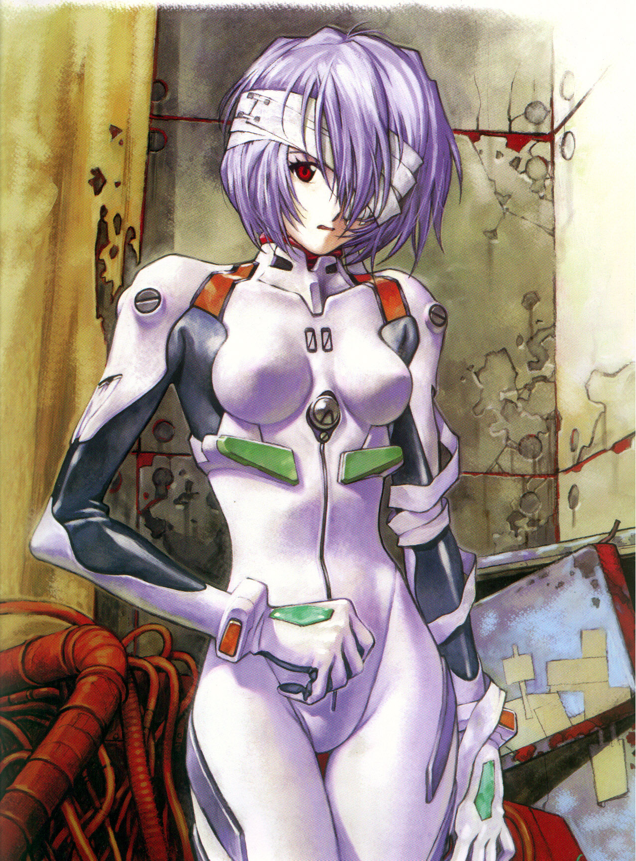 sadamoto yoshiyuki, ayanami rei, neon genesis evangelion, cleaned, highres, official art, scan, 1girl, bandage over one eye, bandages, blue hair, bodysuit, bracer, breasts, cable, cowboy shot, eyepatch, female focus, gloves, hair between eyes, impossible bodysuit, impossible clothes, looking at viewer, mecha pilot suit, pale skin, parted lips, plugsuit (evangelion), red eyes, ruins, short hair, signature, skinny, small breasts, solo, thigh gap, turtleneck