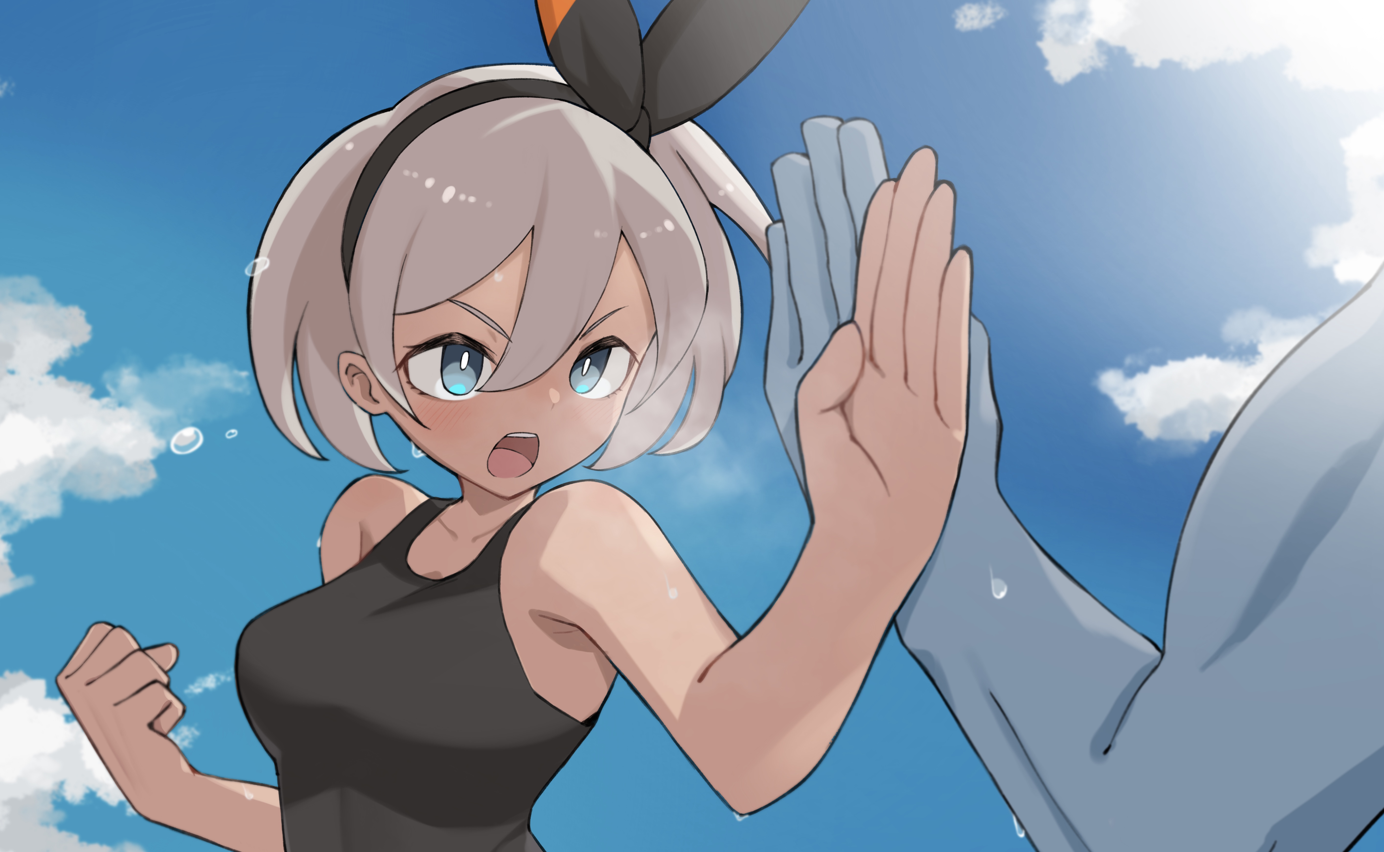tsuneshima, bea (pokemon), machamp, nintendo, pokemon, pokemon swsh, absurdres, commentary request, highres, 1girl, bare shoulders, black bodysuit, black hairband, blue eyes, blue sky, bodysuit, breasts, cloud, collarbone, dark-skinned female, dark skin, fighting stance, gen 1 pokemon, grey hair, hair between eyes, hairband, looking at viewer, medium breasts, open mouth, outdoors, pokemon (creature), short hair, sky, solo focus, sweat, sweatdrop, upper body