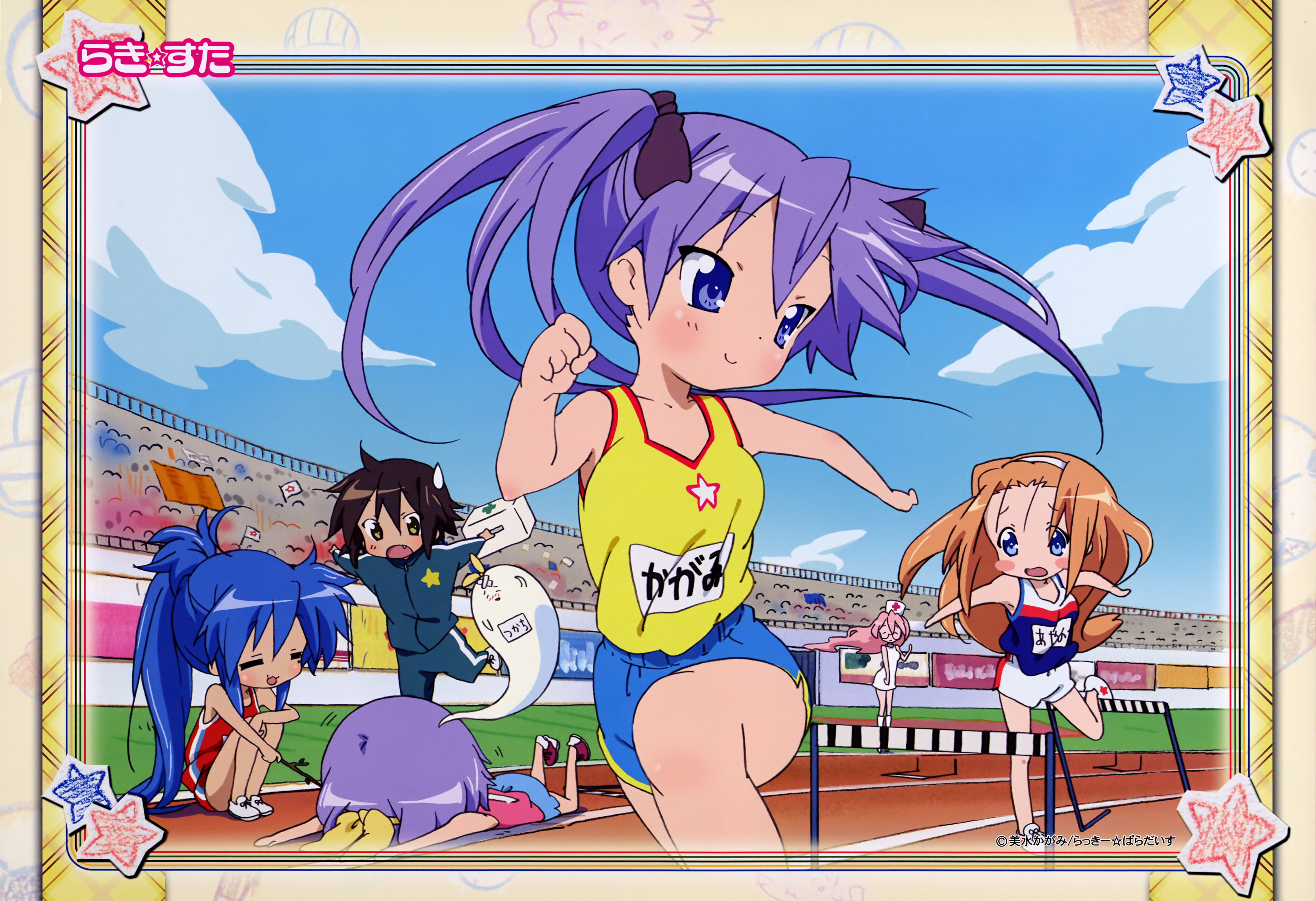 hiiragi kagami, hiiragi tsukasa, izumi konata, kusakabe misao, minegishi ayano, patricia martin, takara miyuki, lucky star, absurdres, highres, 00s, 1boy, 5girls, 6+girls, faceplant, falling, multiple girls, ponytail, running, siblings, sisters, sportswear, tripping, twins