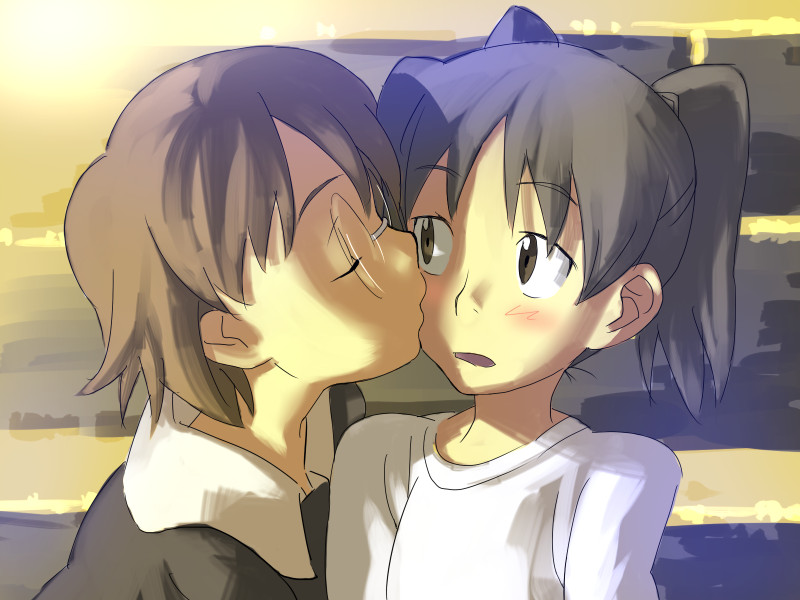 baariya, amasawa yuuko, okonogi yuuko, dennou coil, 00s, 2girls, black hair, blush, brown eyes, brown hair, closed eyes, eyebrows hidden by hair, glasses, kiss, kissing cheek, looking at another, multiple girls, neck, open mouth, shirt, short hair, t-shirt, twintails, upper body, white shirt, yuri