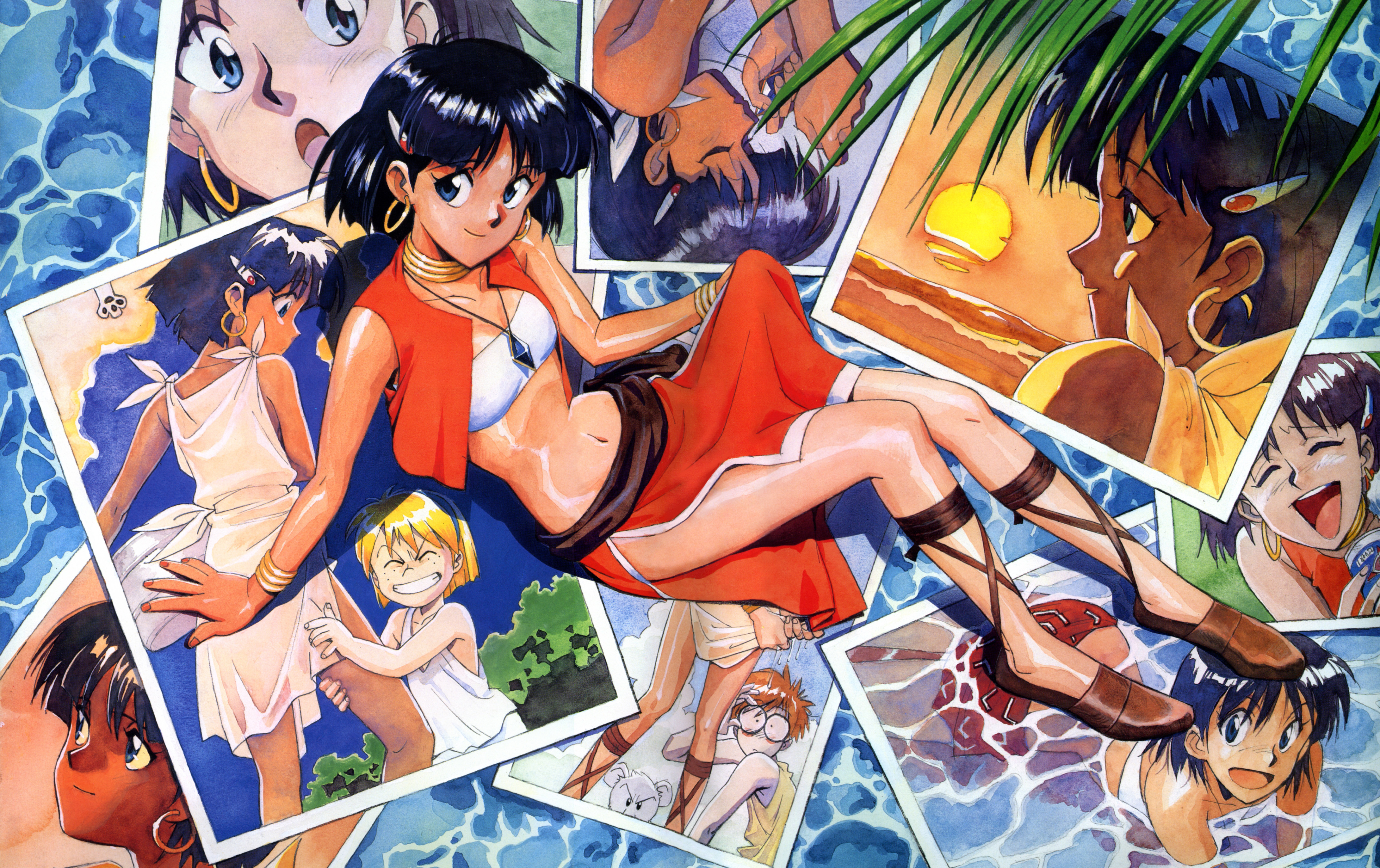 jean roque lartigue, king (nadia), marie en carlsberg, nadia la arwall, fushigi no umi no nadia, absurdres, highres, scan, 1990s (style), 1boy, 2girls, bandeau, bandeau bikini, bracelet, jewelry, loincloth, midriff, multiple girls, neck ring, pelvic curtain, photo (object), short hair, strapless, tube top, vest