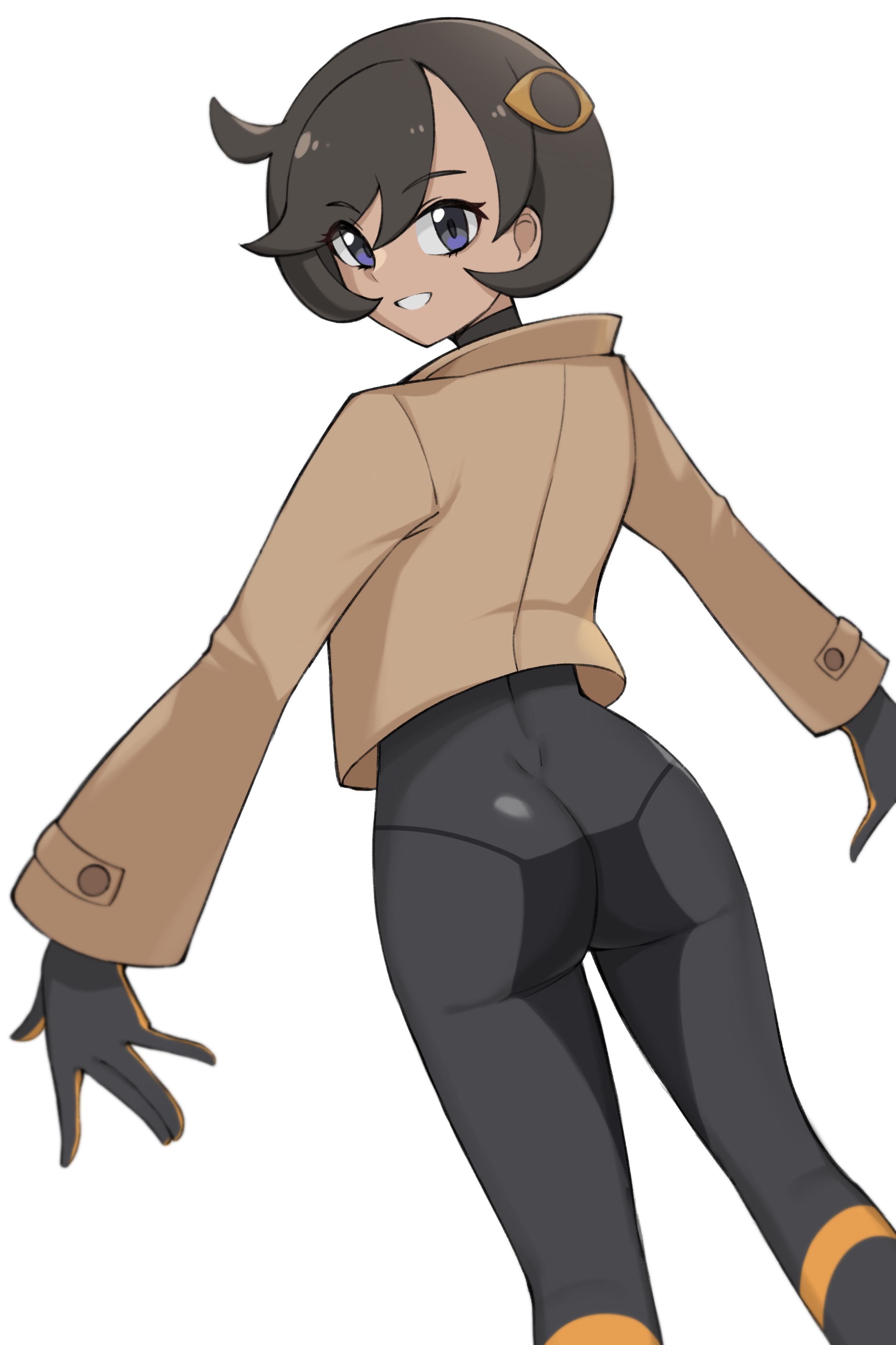 tsuneshima, emma (pokemon), nintendo, pokemon, pokemon legends: z-a, absurdres, highres, 1girl, black bodysuit, blue eyes, bodysuit, brown jacket, eyelashes, gloves, grin, hair between eyes, hair ornament, jacket, long sleeves, looking back, short hair, simple background, smile, solo, teeth, wedgie, white background