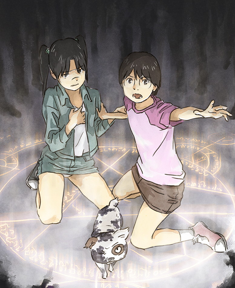 tnt (aaaazzzz), amasawa yuuko, densuke (dennou coil), okonogi yuuko, dennou coil, 00s, 2girls, brown hair, denim, denim jacket, glasses, jacket, looking at viewer, magic circle, miniskirt, multiple girls, pencil skirt, raglan sleeves, short hair, skirt, twintails