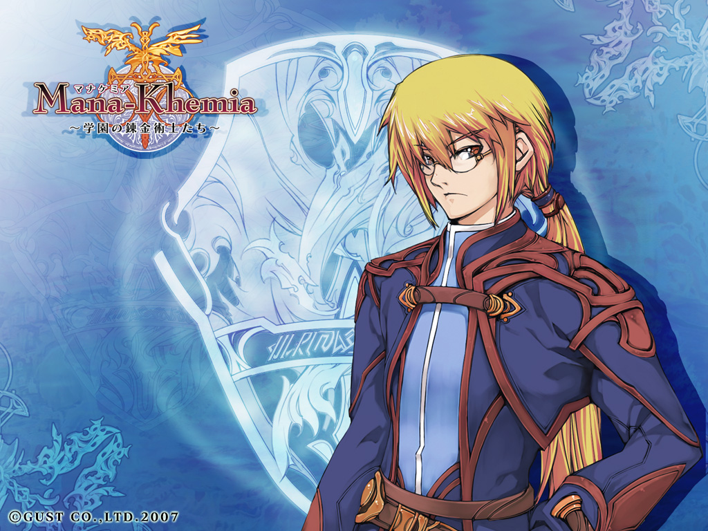 yoshizumi kazuyuki, roxis rosenkranz, atelier (series), gust, mana khemia, mana khemia (series), official art, official wallpaper, 00s, 1boy, 2007, alchemy, bishounen, blonde hair, blue background, brown eyes, long hair, male focus, solo
