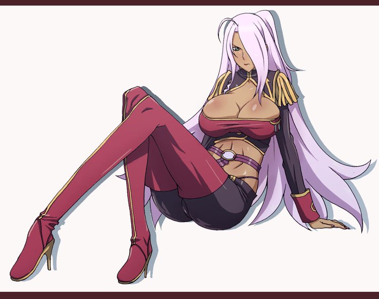 fujii toshiaki, garnet mclane, dragonaut, bad id, bad pixiv id, 00s, 1girl, breasts, cleavage, cleavage cutout, clothing cutout, crop top, female focus, high heels, huge breasts, large breasts, letterboxed, long hair, shoes, sitting, solo, thighhighs