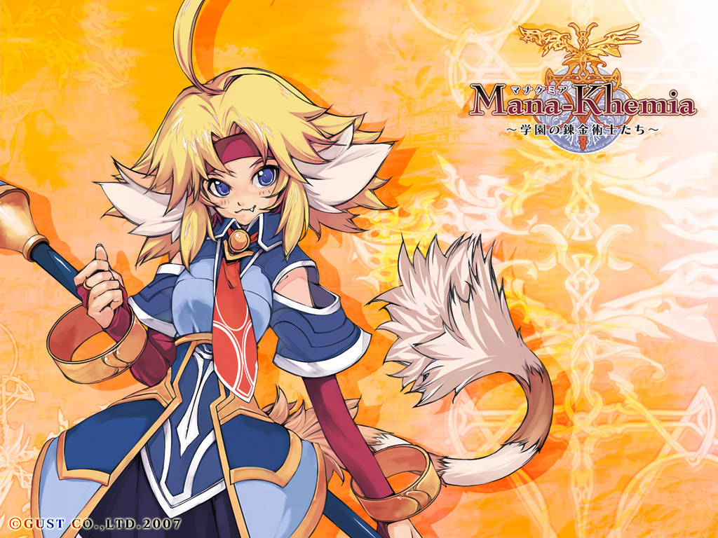 yoshizumi kazuyuki, nicole mimi tithel, atelier (series), gust, mana khemia, mana khemia (series), beast, official art, official wallpaper, 00s, 1girl, 2007, ahoge, alchemy, animal ears, blonde hair, blue eyes, fang, female focus, necktie, orange background, solo, staff, tail