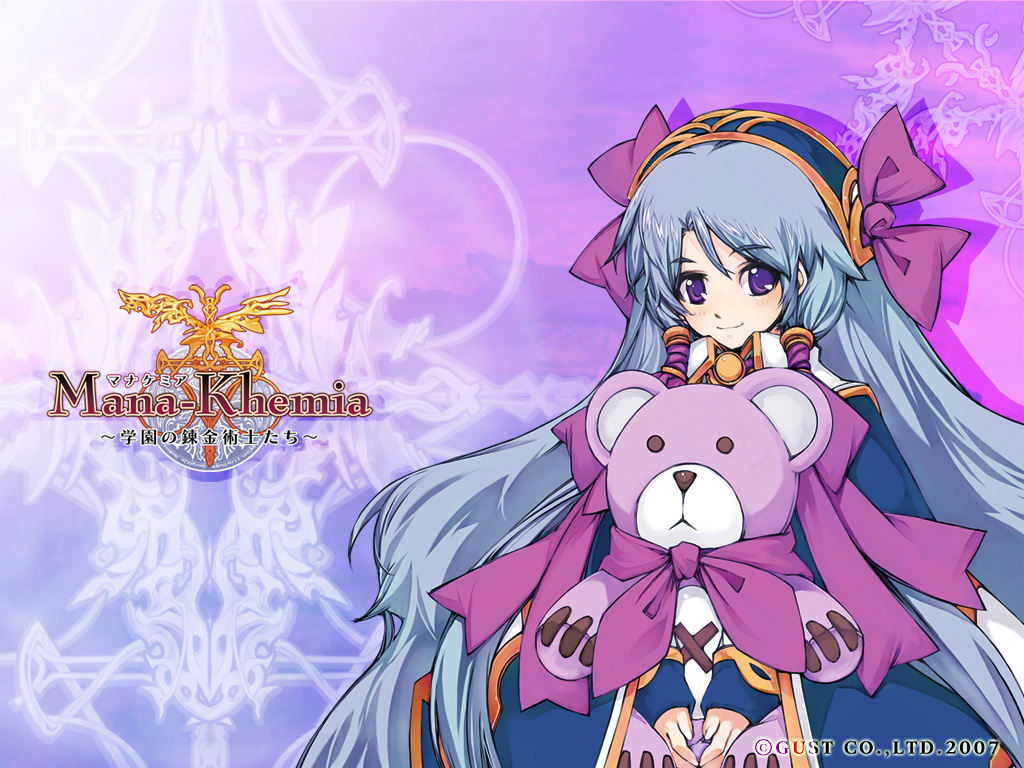 yoshizumi kazuyuki, pamela ibis, atelier (series), gust, mana khemia, mana khemia (series), official art, official wallpaper, 00s, 1girl, 2007, alchemy, female focus, ghost, long hair, purple background, purple eyes, solo, stuffed animal, stuffed toy, teddy bear