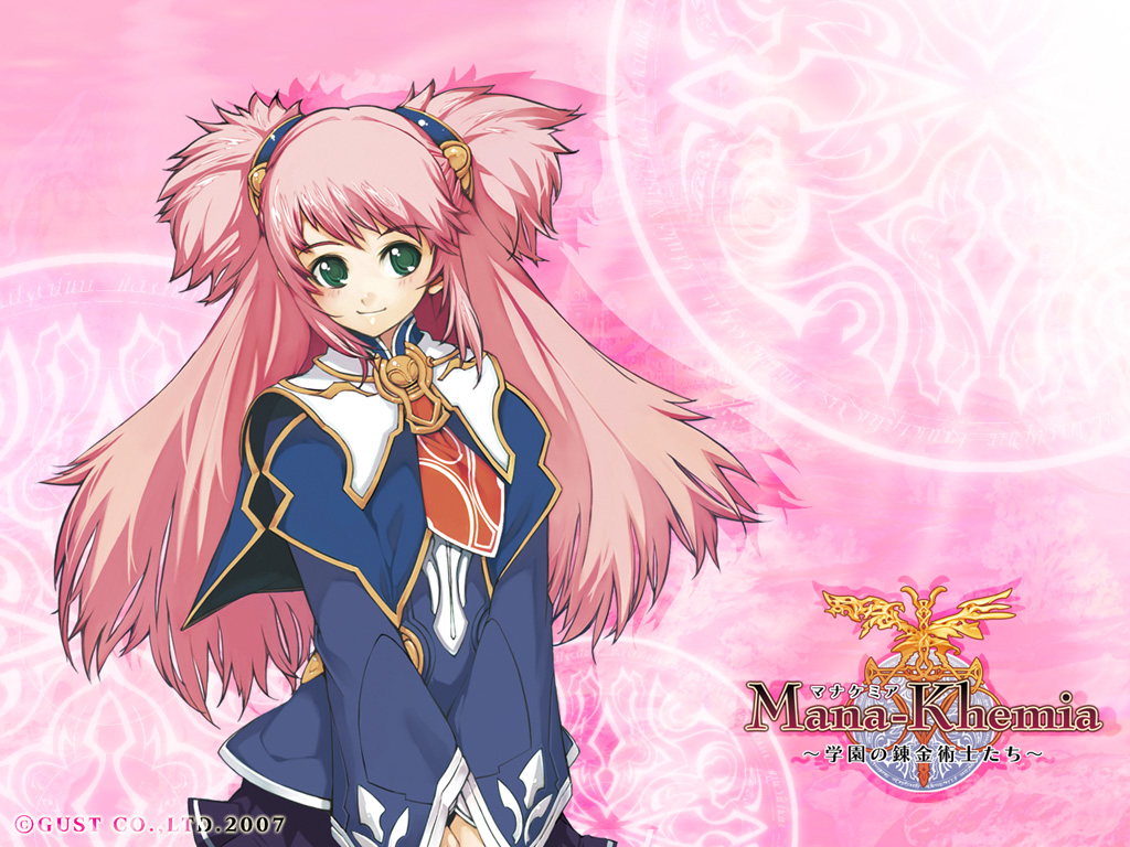 yoshizumi kazuyuki, philomel hartung, atelier (series), gust, mana khemia, mana khemia (series), tecmo, official art, official wallpaper, 00s, 1girl, 2007, alchemy, female focus, green eyes, long hair, necktie, pink background, pink hair, smile, solo, twintails, two side up
