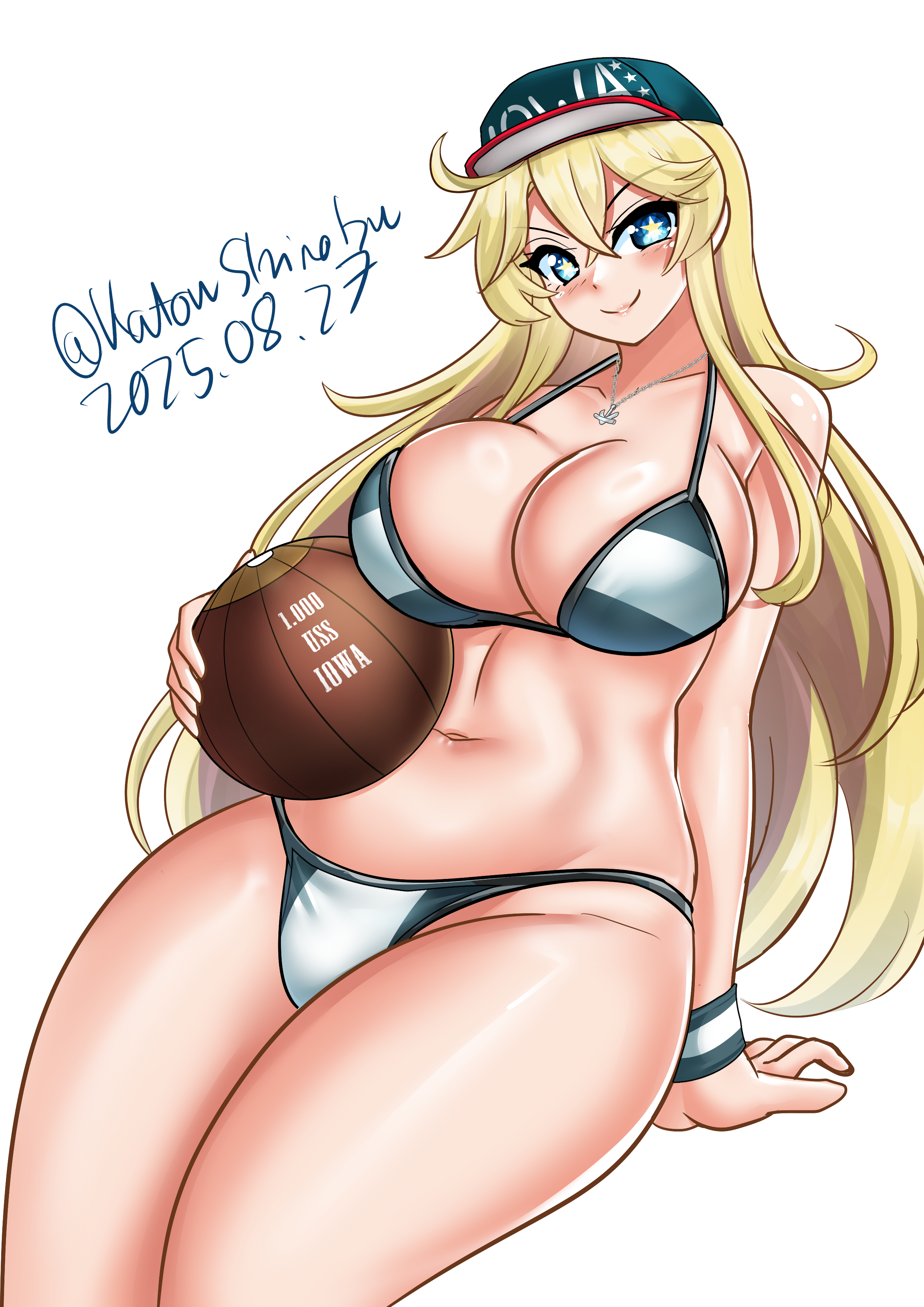 katou shinobu, iowa (kancolle), iowa (swimsuit) (kancolle), kantai collection, absurdres, commentary, english commentary, highres, 1girl, anchor necklace, baseball cap, bikini, blonde hair, blue bikini, blue eyes, breasts, cleavage, closed mouth, cowboy shot, dated, english text, hair between eyes, hat, jewelry, large breasts, long hair, looking at viewer, multicolored bikini, navel, necklace, one-hour drawing challenge, smile, solo, star-shaped pupils, star (symbol), swimsuit, symbol-shaped pupils, twitter username, two-tone bikini