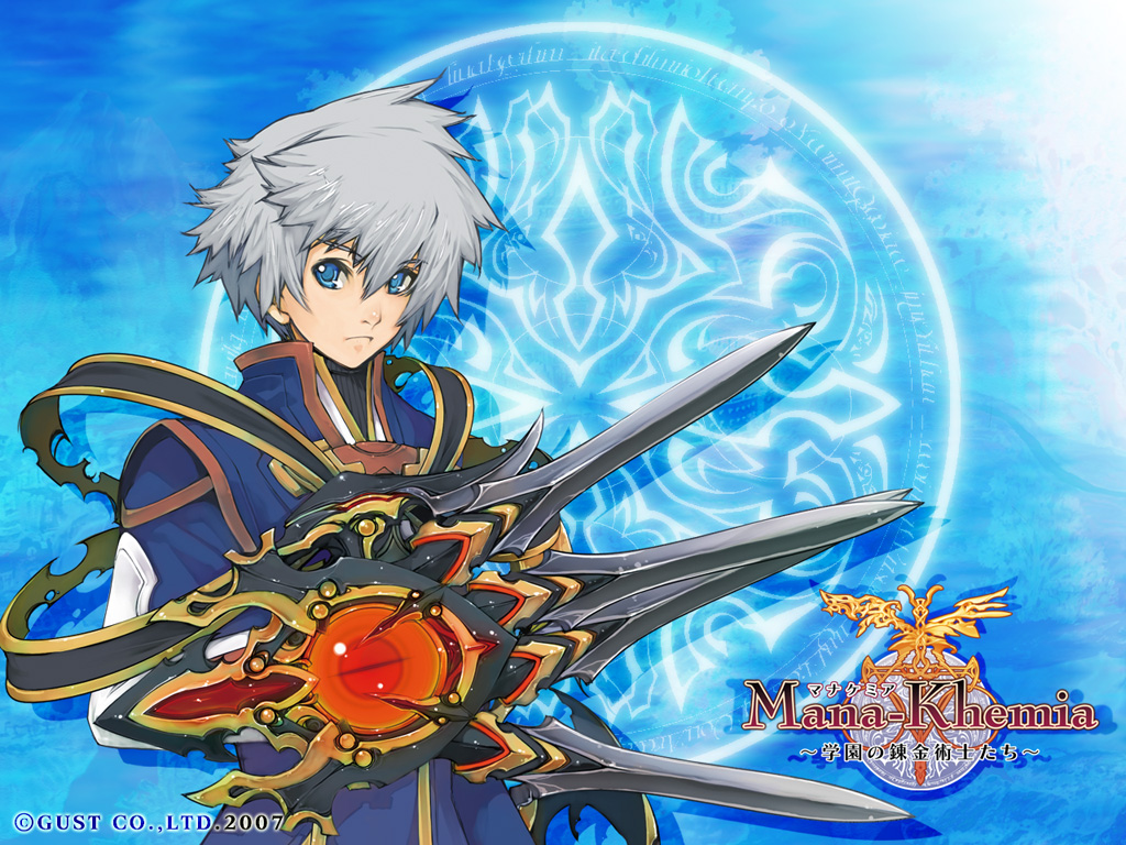 yoshizumi kazuyuki, vayne aurelius, atelier (series), gust, mana khemia, mana khemia (series), official art, official wallpaper, 00s, 1boy, 2007, alchemy, blue background, blue eyes, claws, copyright name, grey hair, knife, logo, male focus, solo, torn clothes