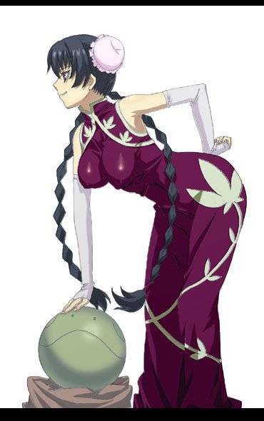fujii toshiaki, haro, wang liu mei, gundam, gundam 00, bad id, bad pixiv id, 00s, 1girl, bare shoulders, bent over, black hair, braid, breasts, bun cover, china dress, chinese clothes, covered erect nipples, dress, elbow gloves, female focus, gloves, large breasts, letterboxed, simple background, smile, solo, tight clothes, twin braids