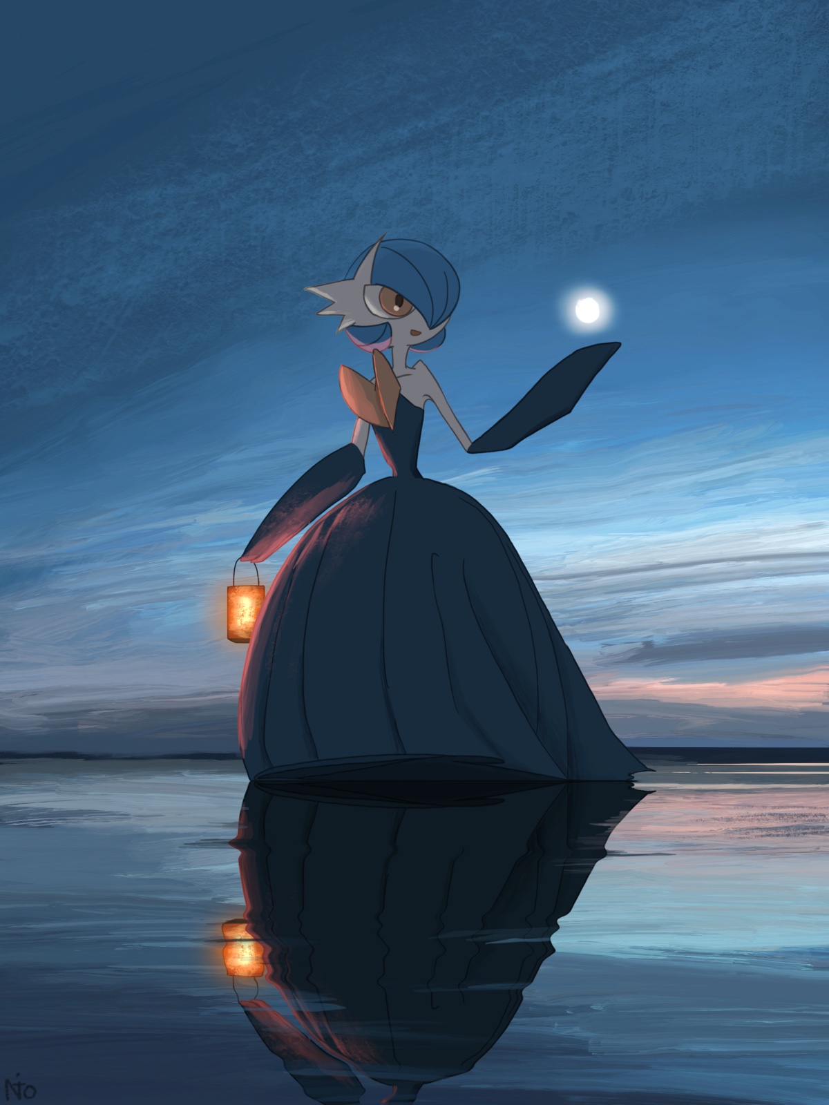 nitrocharge25, gardevoir, mega gardevoir, nintendo, pokemon, 1girl, alternate color, artist name, bare shoulders, black dress, black gloves, blue background, blue hair, blue sky, blue theme, bob cut, cloud, collarbone, colored skin, dress, elbow gloves, female focus, flat chest, forced perspective, full body, full moon, gen 3 pokemon, gloves, gradient sky, hair over one eye, hand up, happy, holding, holding lantern, horizon, lantern, long dress, looking to the side, mega pokemon, moon, night, one eye covered, open mouth, orange eyes, outdoors, pokemon (creature), reflection, reflective water, shiny pokemon, short hair, signature, sky, smile, solo, standing, standing on liquid, strapless, strapless dress, white skin