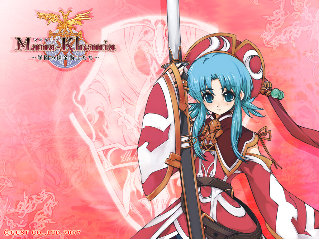yoshizumi kazuyuki, anna laemmle, atelier (series), gust, mana khemia, mana khemia (series), official art, official wallpaper, 00s, 1girl, 2007, alchemy, blue eyes, blue hair, female focus, hat, katana, matching hair/eyes, ootachi, red background, red hat, solo, sword, weapon