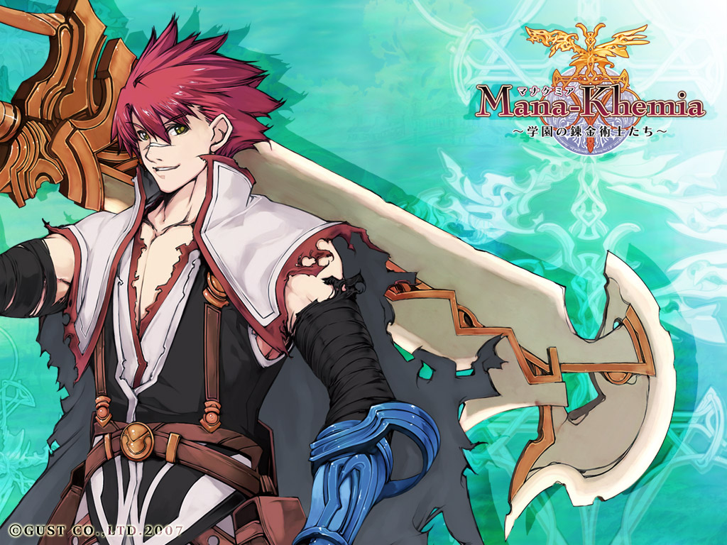 yoshizumi kazuyuki, flay gunnar, atelier (series), gust, mana khemia, mana khemia (series), official art, official wallpaper, 00s, 1boy, 2007, alchemy, aqua background, male focus, solo, sword, weapon