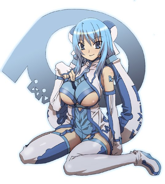 fujii toshiaki, bad id, bad pixiv id, 1girl, blue eyes, blue hair, breasts, female focus, large breasts, matching hair/eyes, solo, thighhighs, underboob